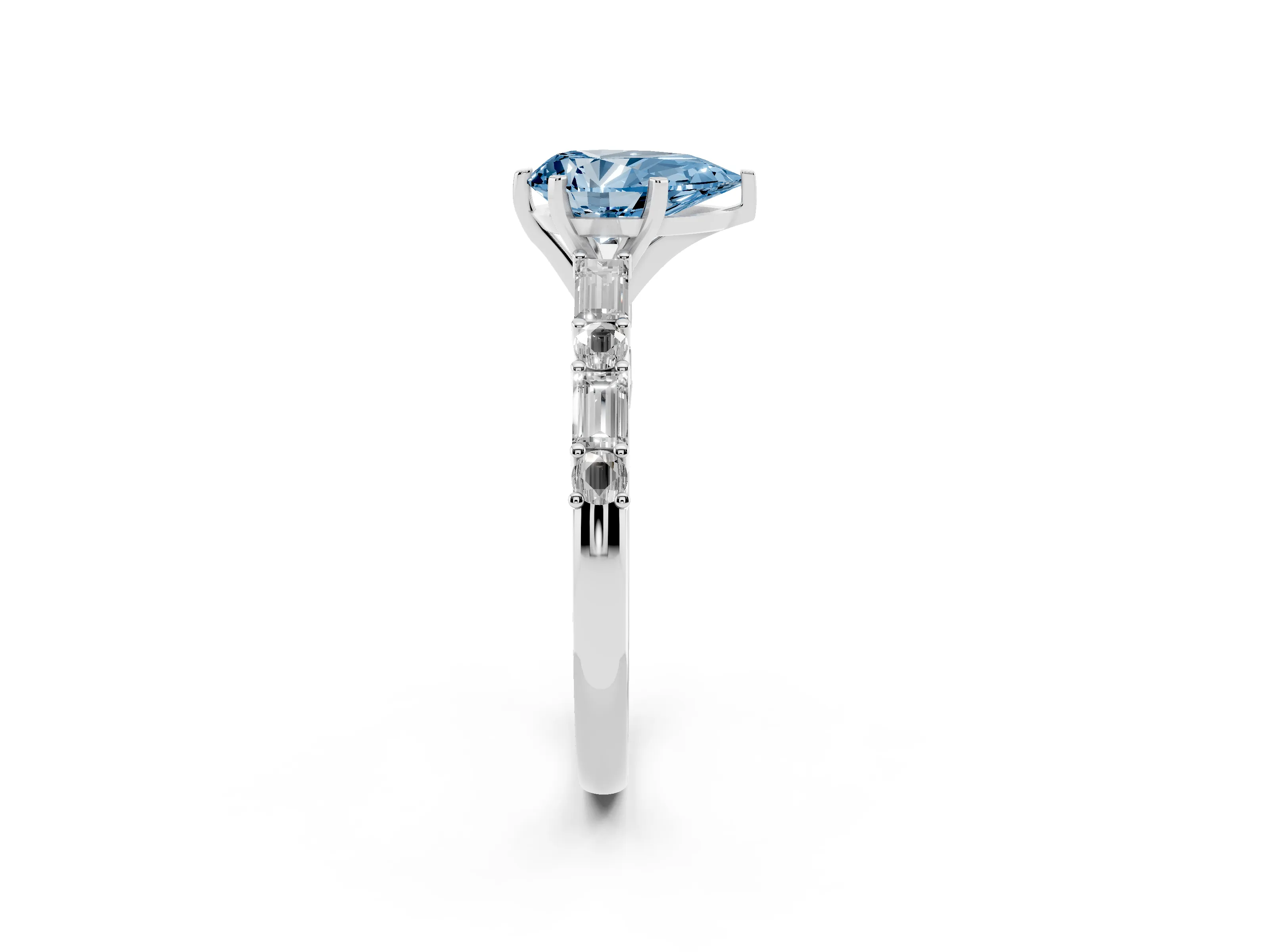 Fancy Blue Pear Cut Diamond Solitaire Set in White gold with Side Baguettes and Channel Set Band