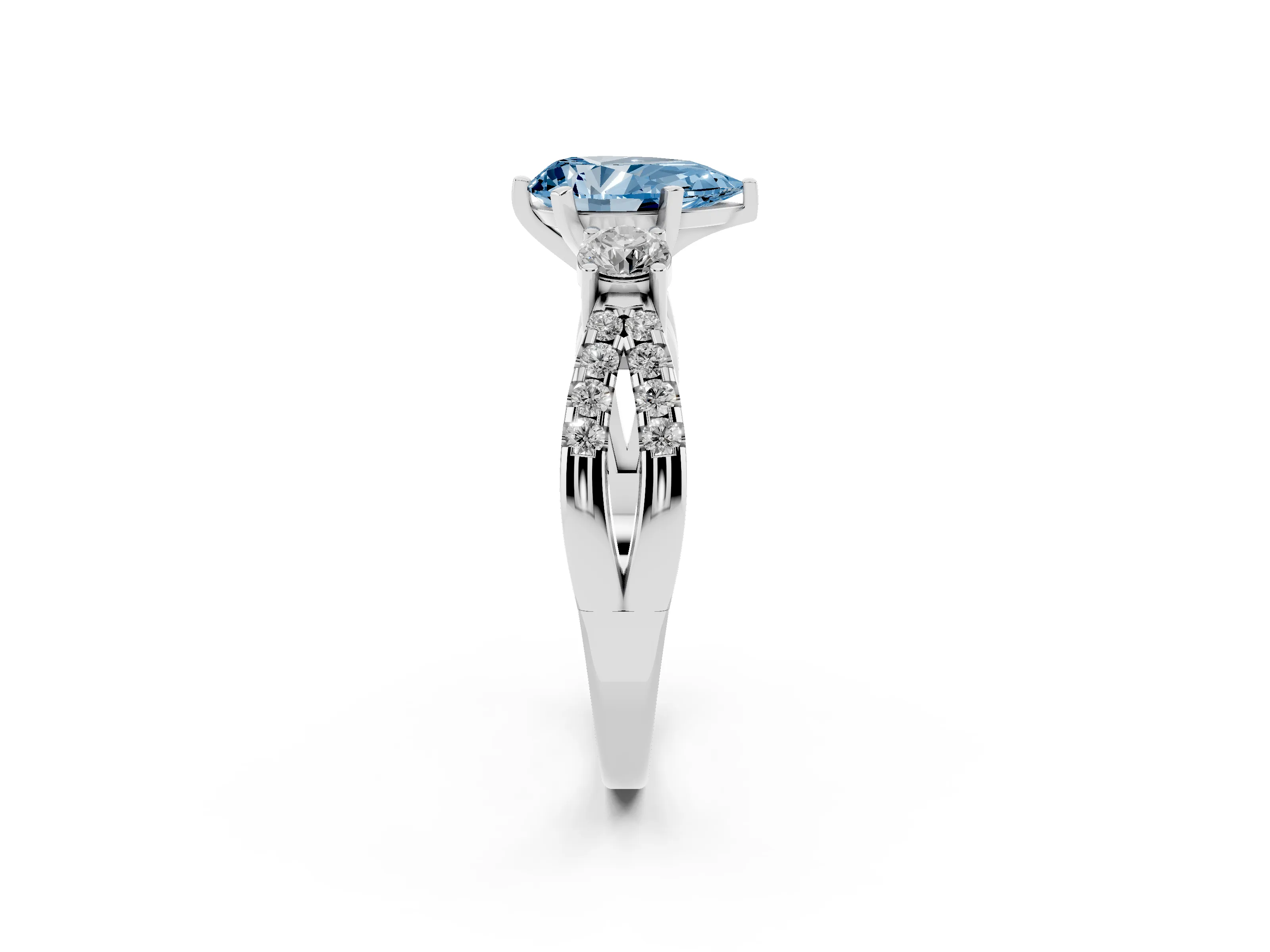 Fancy Blue Pear Cut Diamond Three-Stone Ring Set in Platinum with Pavé Split Shank and Prong Setting