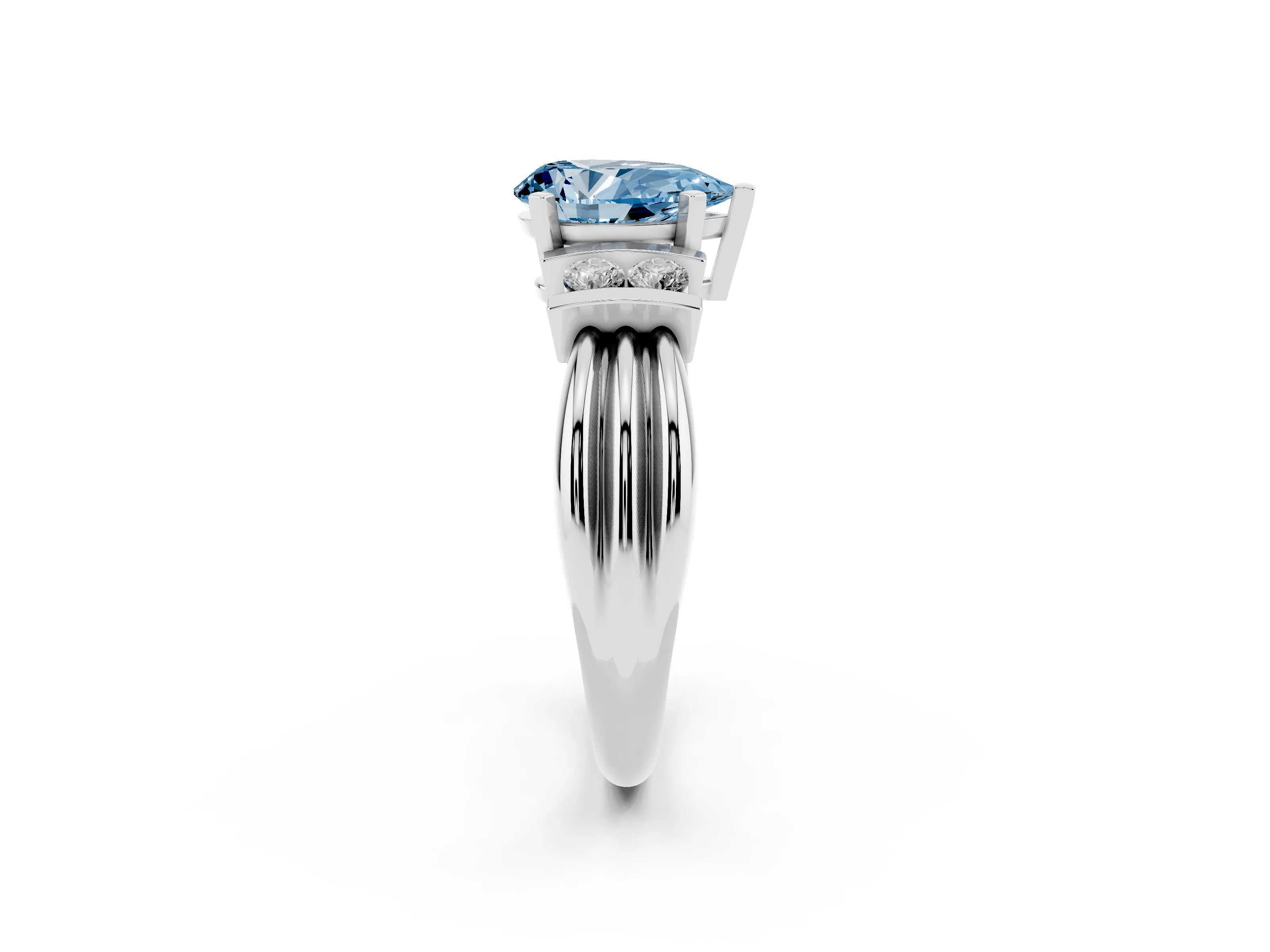 Fancy Blue Three-Stone Pear Cut Diamond Channel Set Ring Set in Silver with Bar Prongs