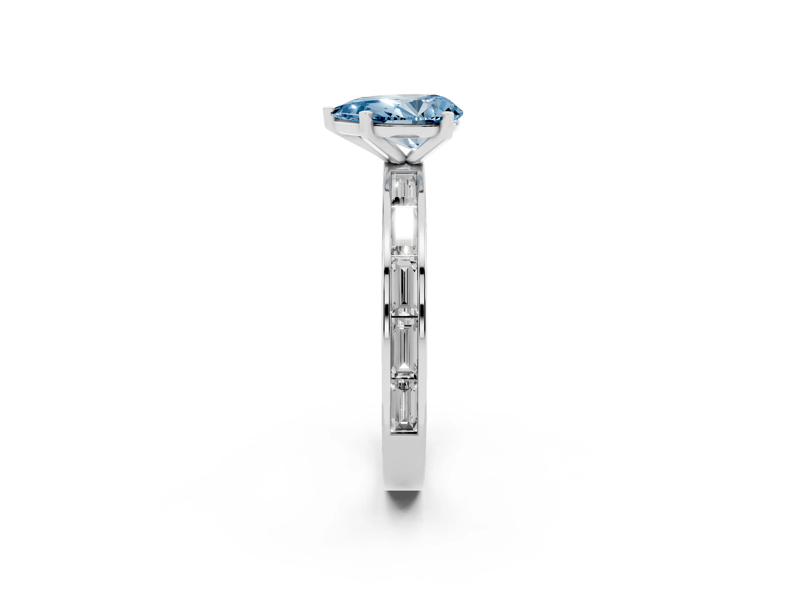 Fancy Blue Pear Cut Diamond Solitaire Ring Set in Platinum with Channel-Set Baguette Band and Prong Setting