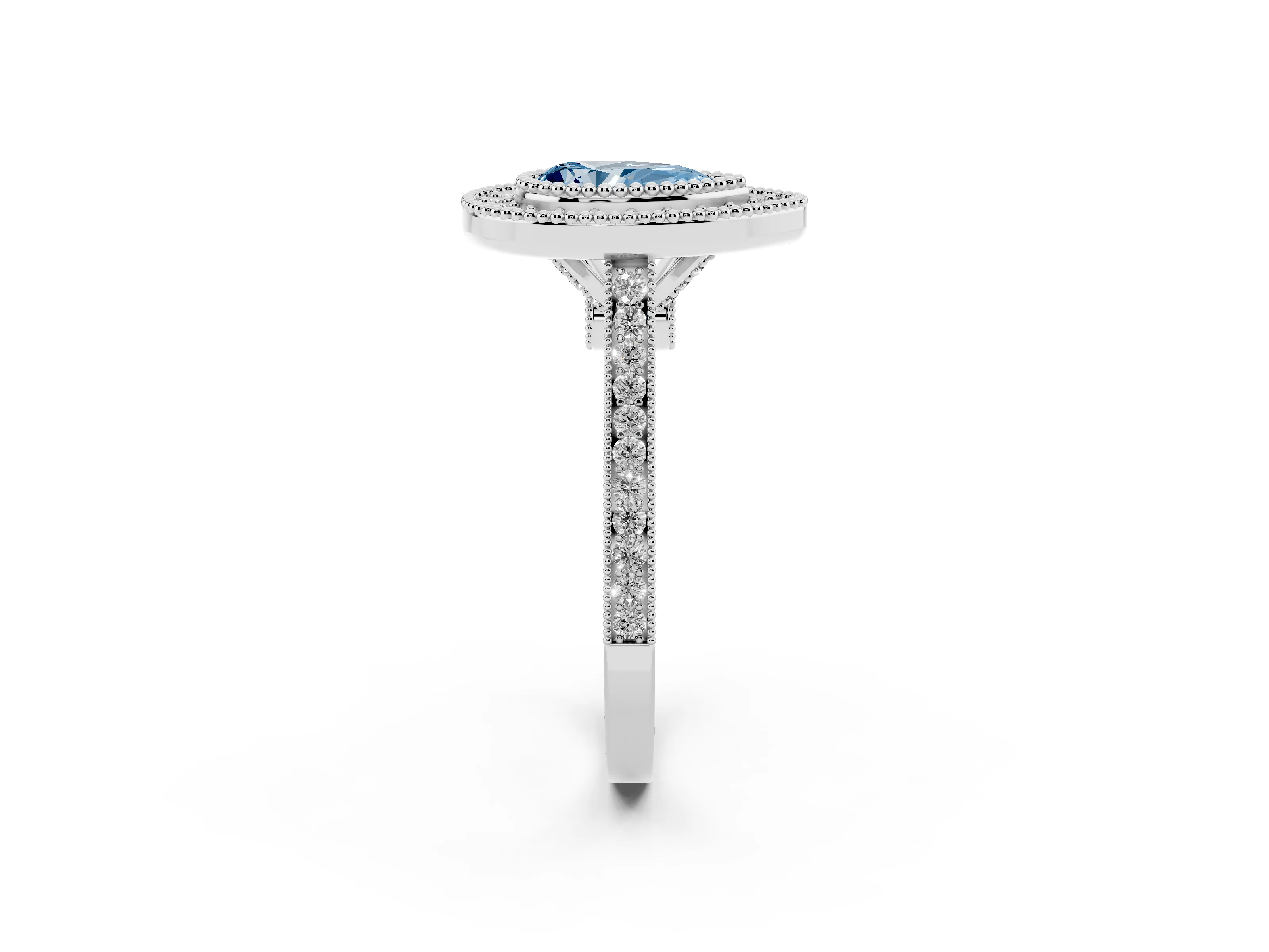 Fancy Blue Pear Cut Diamond Halo Ring Set in White gold with Milgrain Frame and Pavé Band