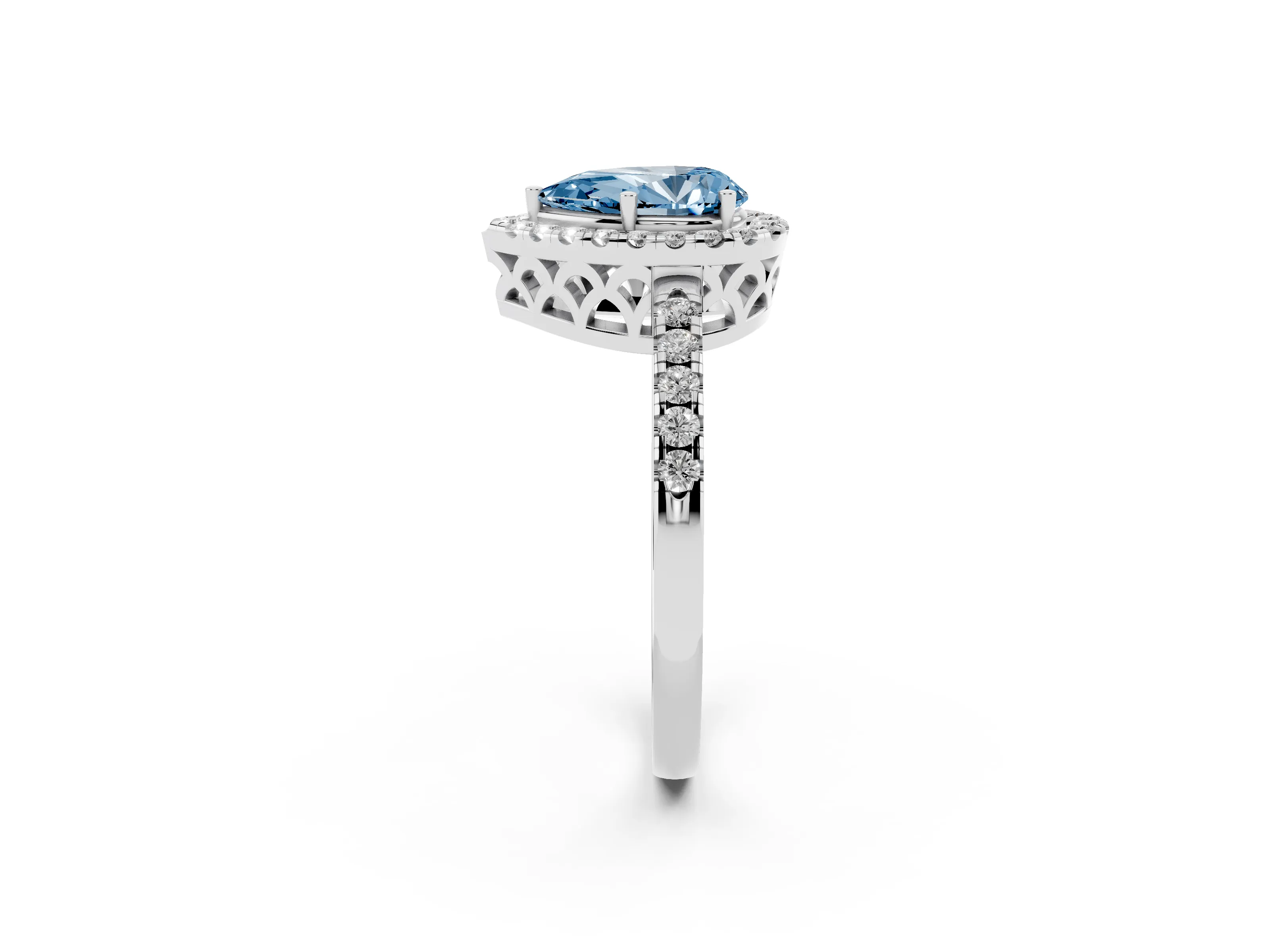 Fancy Blue Pear Cut Diamond Pavé Band Halo Engagement Ring Set in White gold with Prong Setting