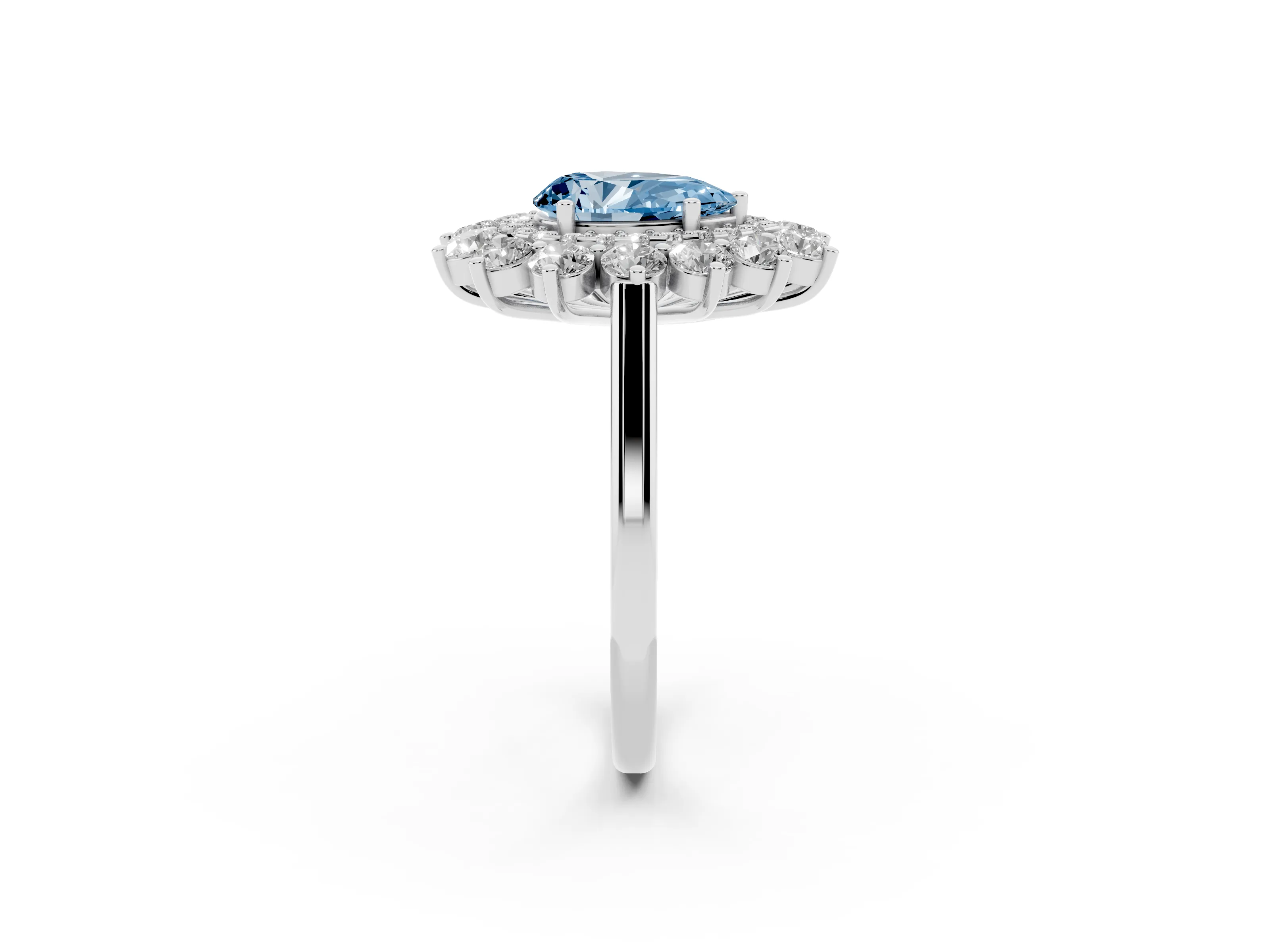 Fancy Blue Pear Cut Diamond Floral Double Halo Ring Set in White gold with Round Petals
