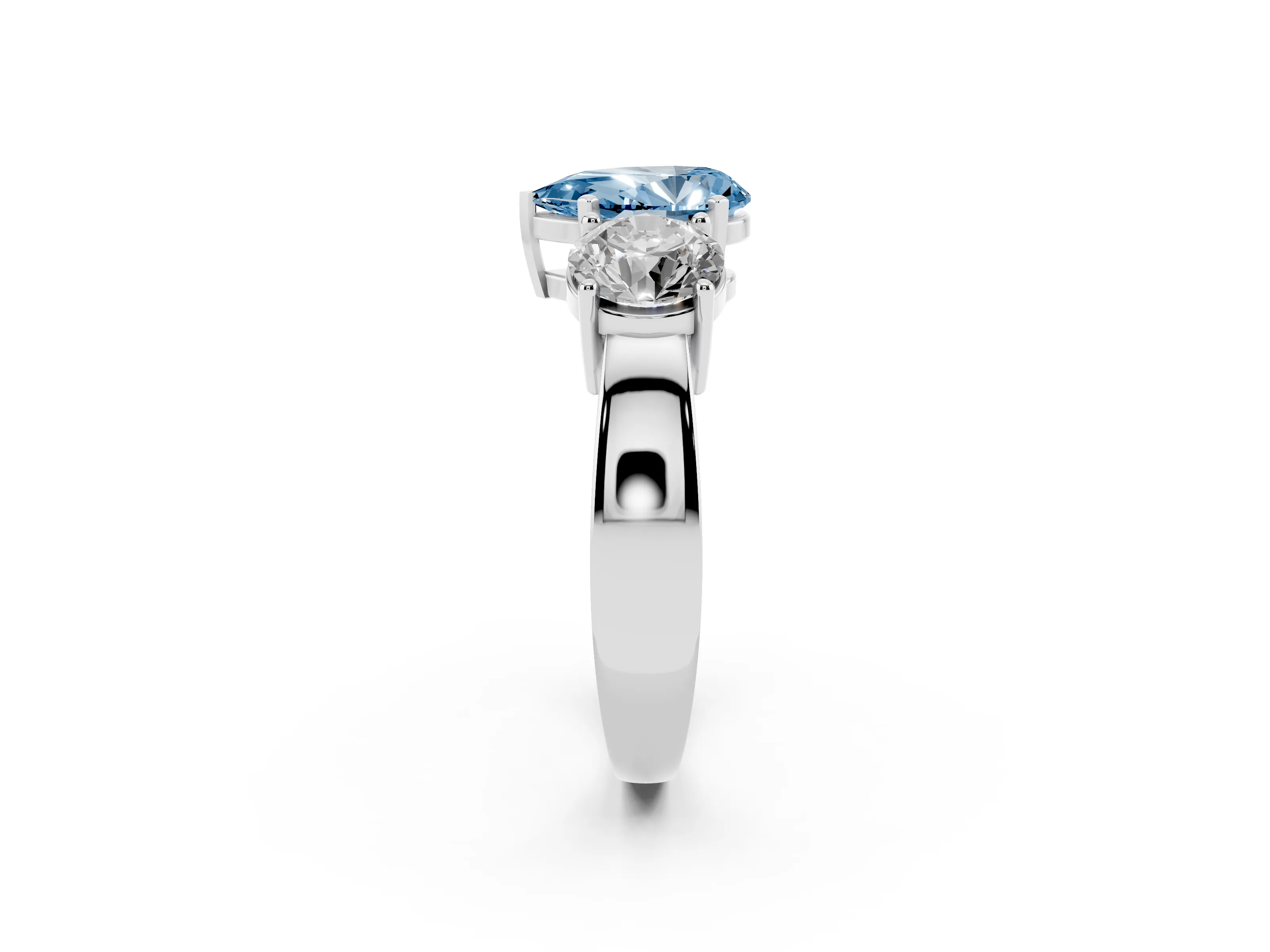 Fancy Blue Pear Cut Diamond Three-Stone Ring Set in Platinum with Round Side Stones and Classic Band
