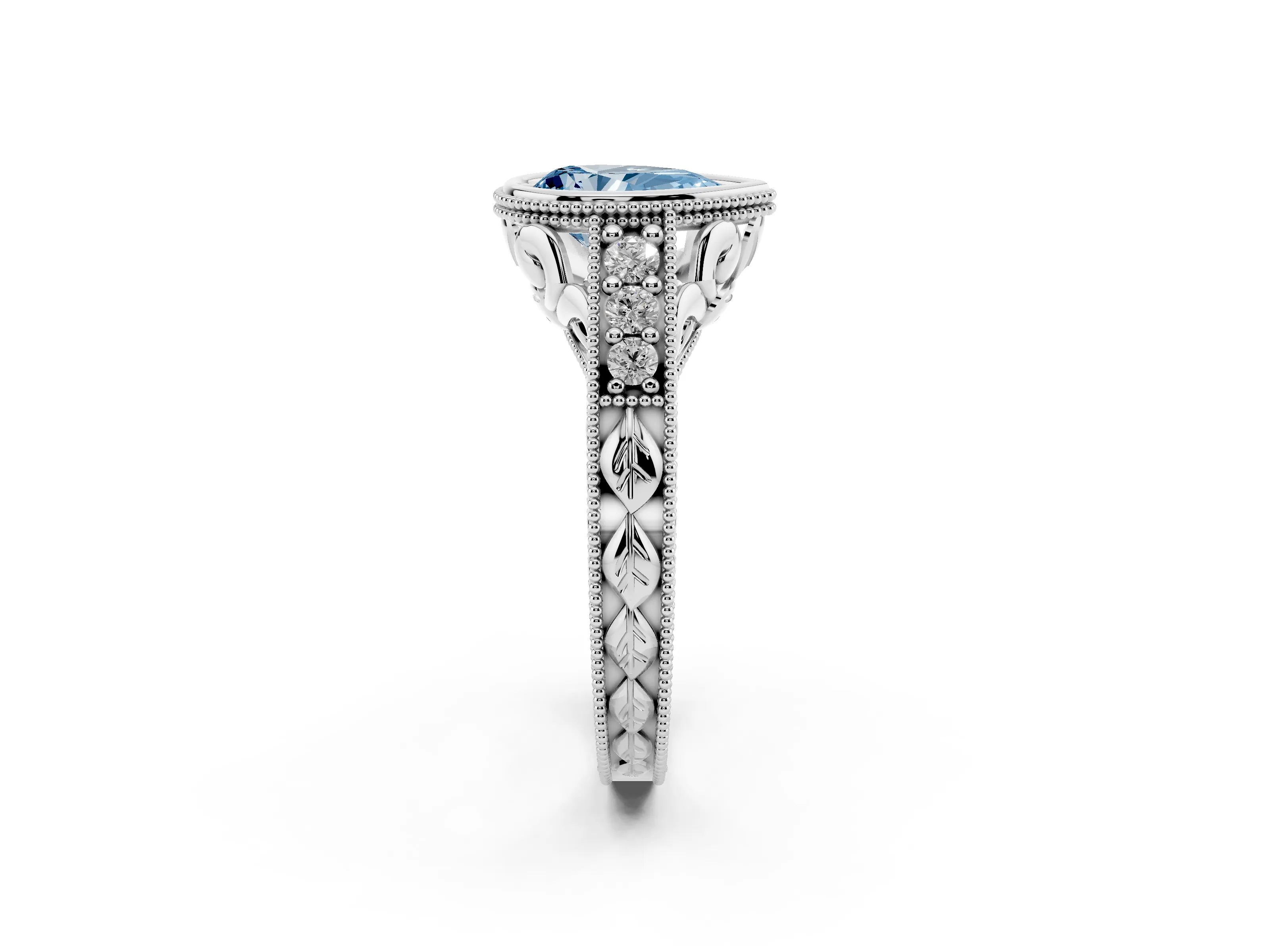 Fancy Blue Bezel Set Pear Cut Diamond Milgrain Pavé Engagement Ring Set in Silver
