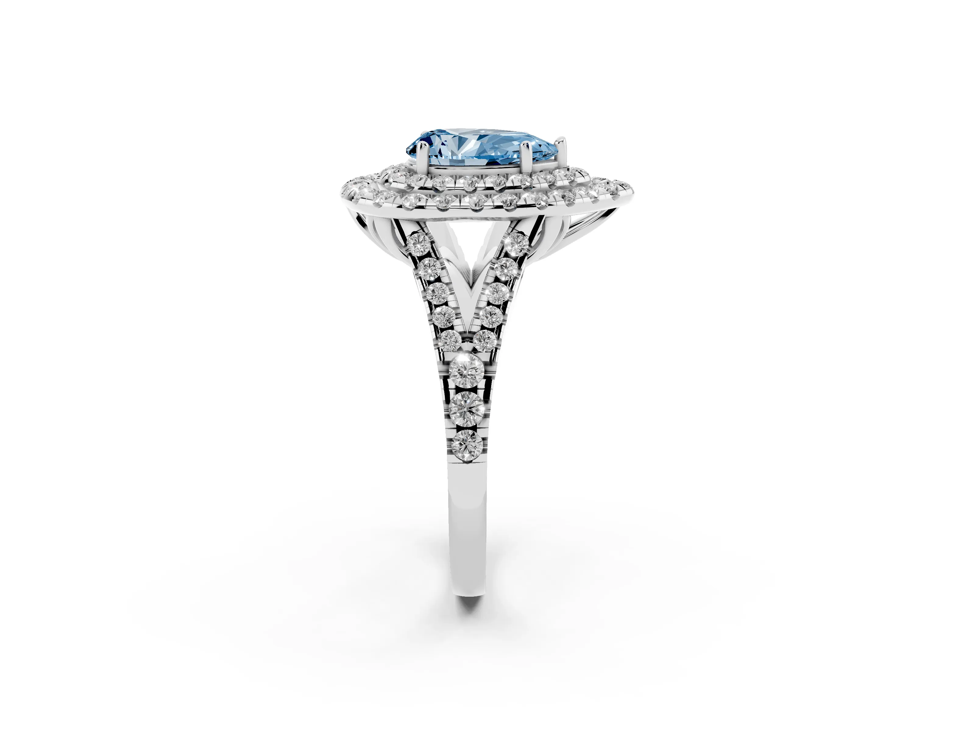 Fancy Blue Pear Cut Diamond Double Halo Ring Set in Silver with Pavé Split Shank and Prong Setting