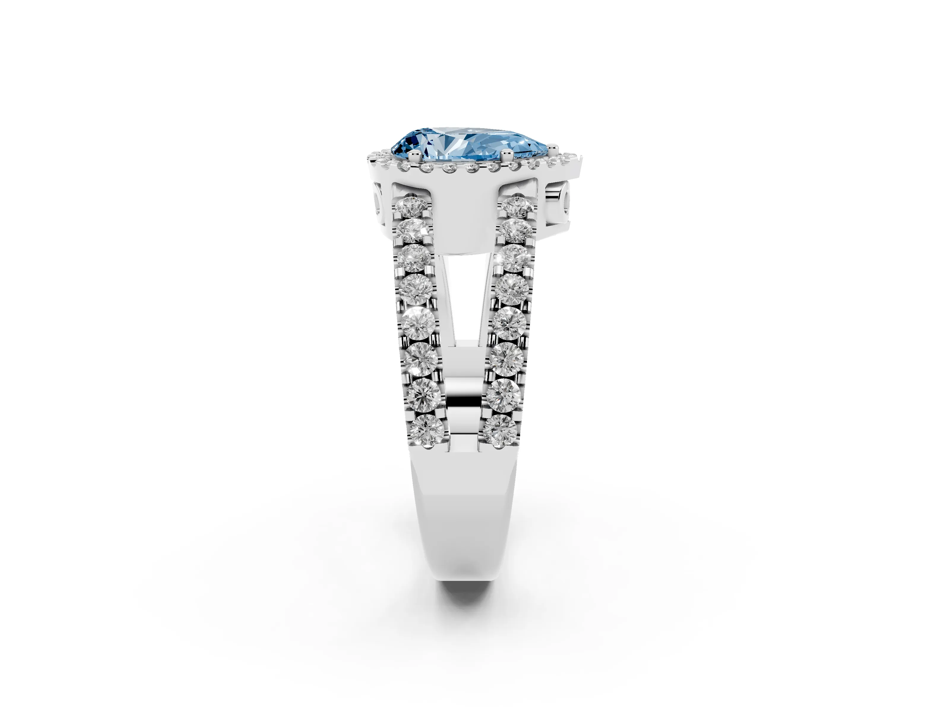 Fancy Blue Pear Cut Diamond Halo Ring Set in White gold with Pavé Split Shank and Prong Setting