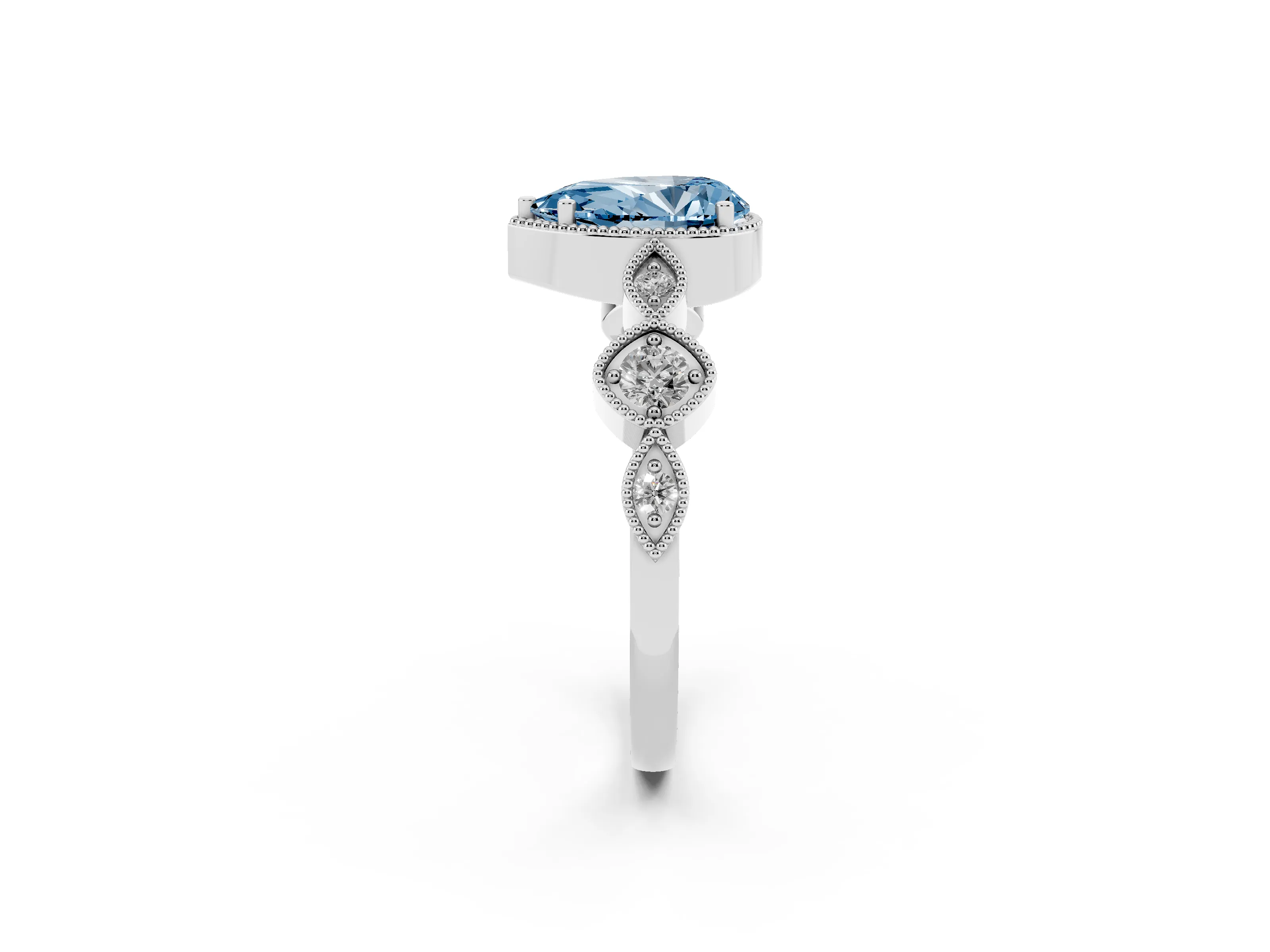 Fancy Blue Pear Cut Diamond Vintage-Inspired Milgrain Ring Set in Silver with Marquise Stations of Round Accents