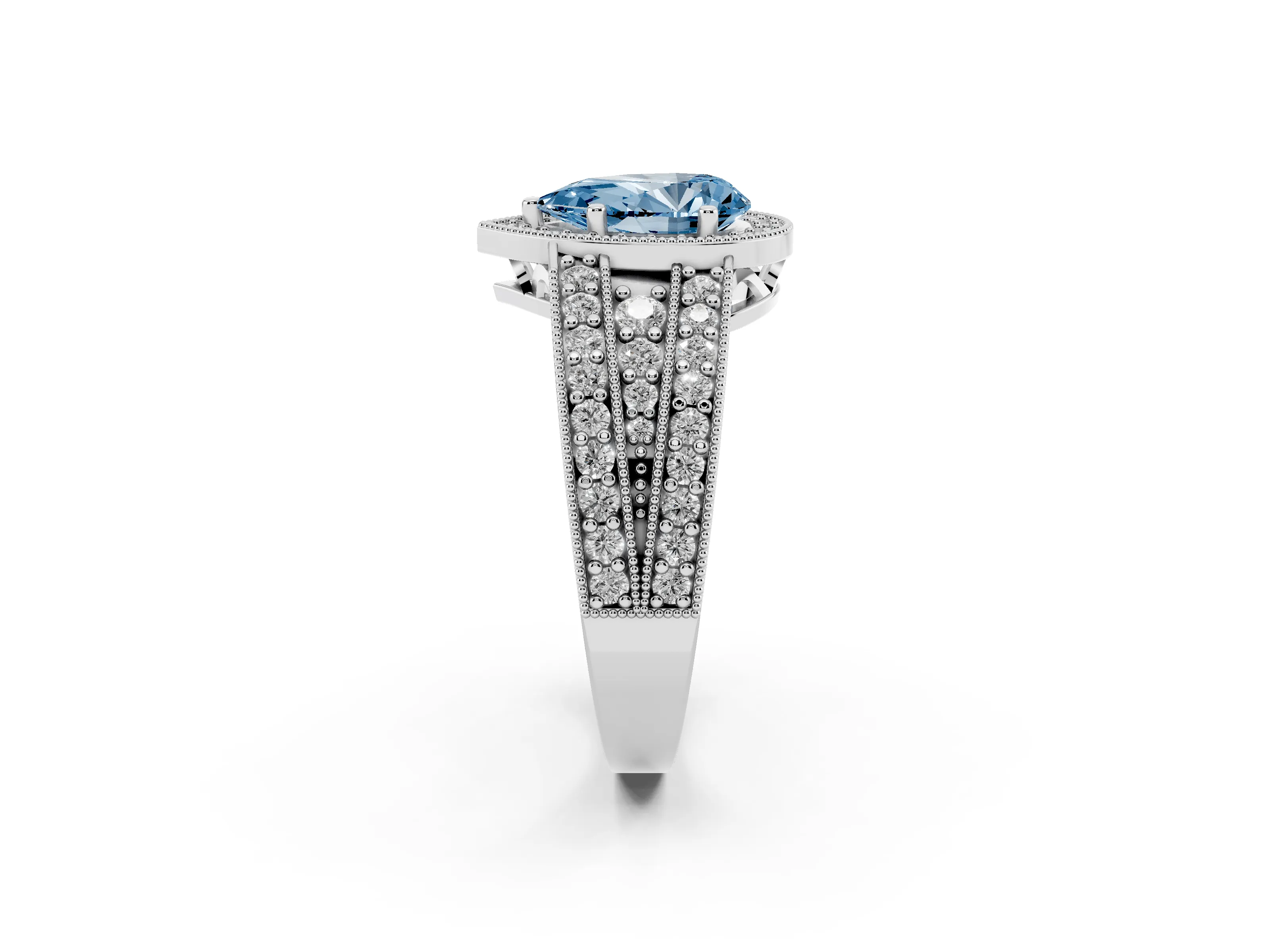 Fancy Blue Pear Cut Diamond Halo Ring Set in Platinum with Accent Split Shank and Prong Setting