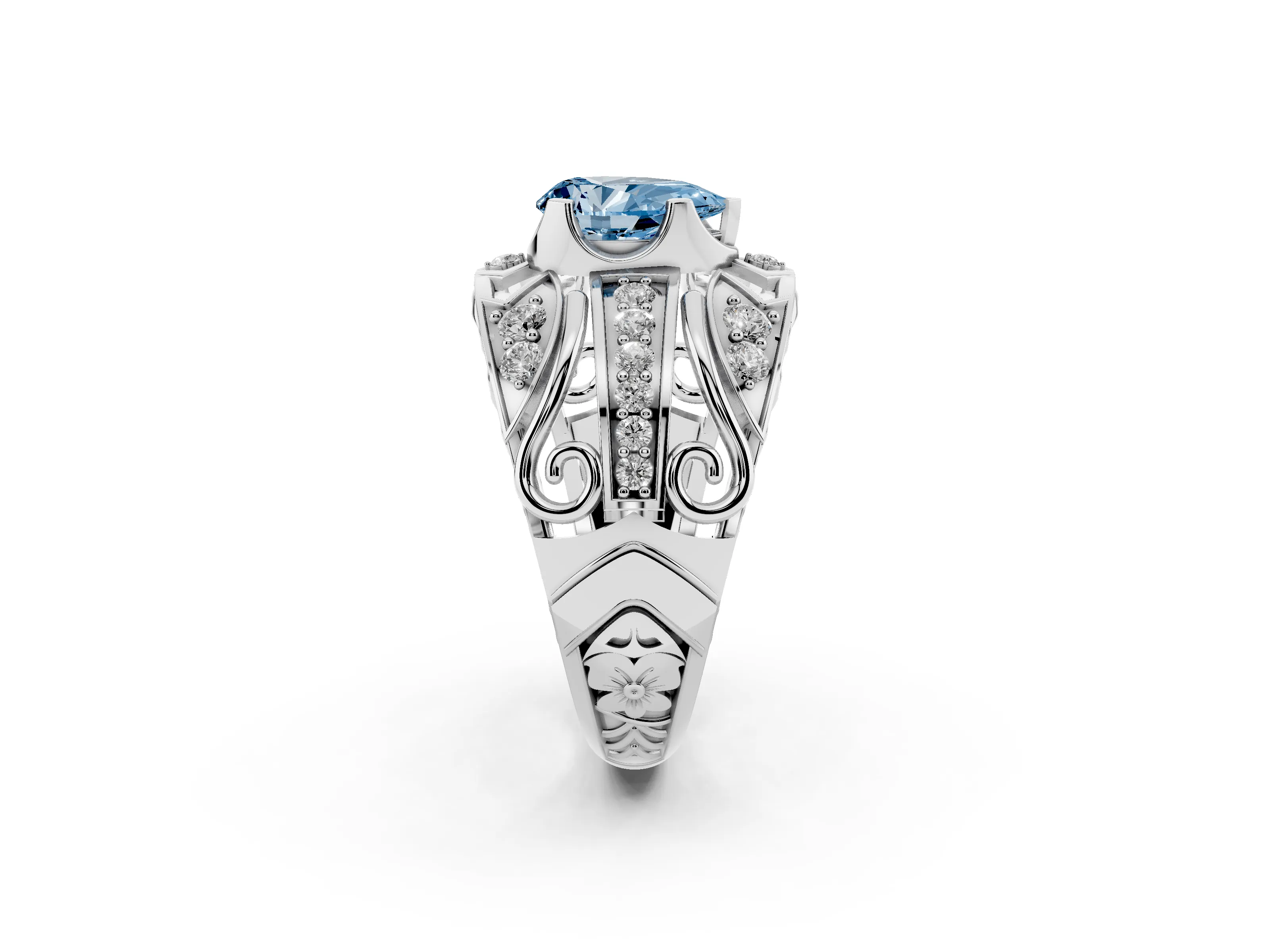 Fancy Blue Pear Cut Diamond Art Deco Ring Set in Platinum with Pavé Split Shank