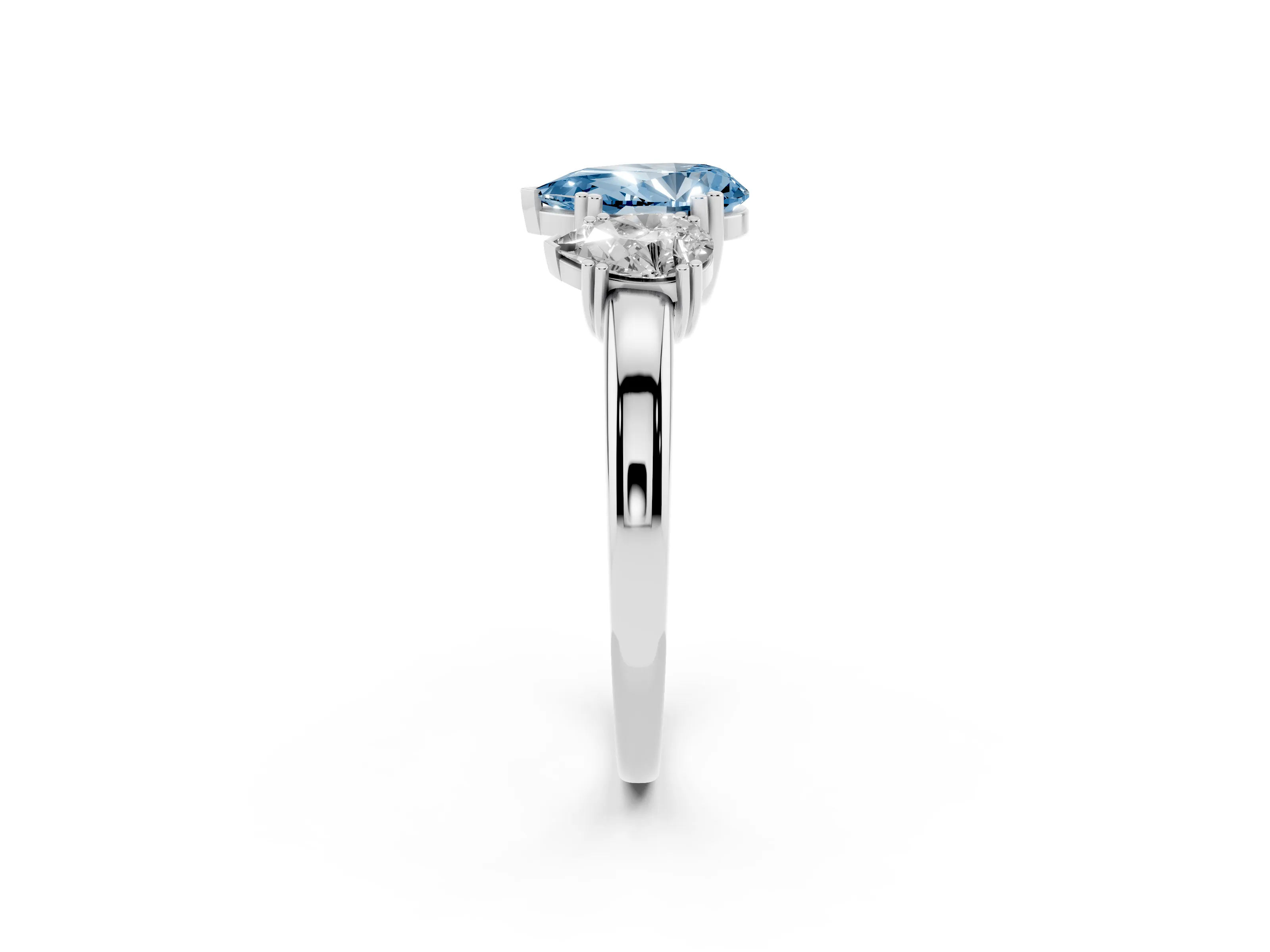 Fancy Blue Pear Cut Diamond Three-Stone Ring Set in White gold with Polished Channel-Set Band