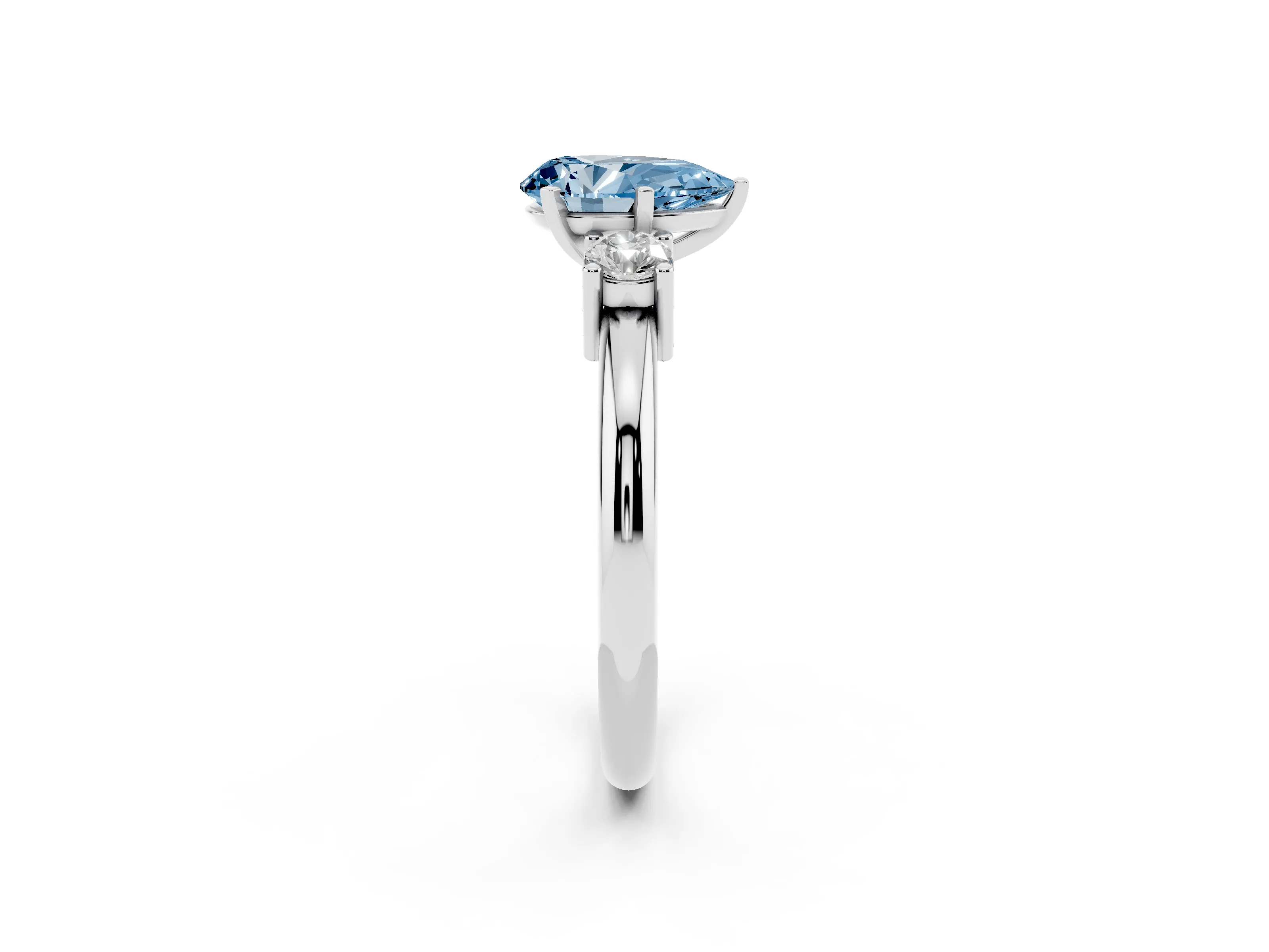 Fancy Blue Three-Stone Pear Cut Diamond Ring Set in Platinum with Prong Setting and Plain Band