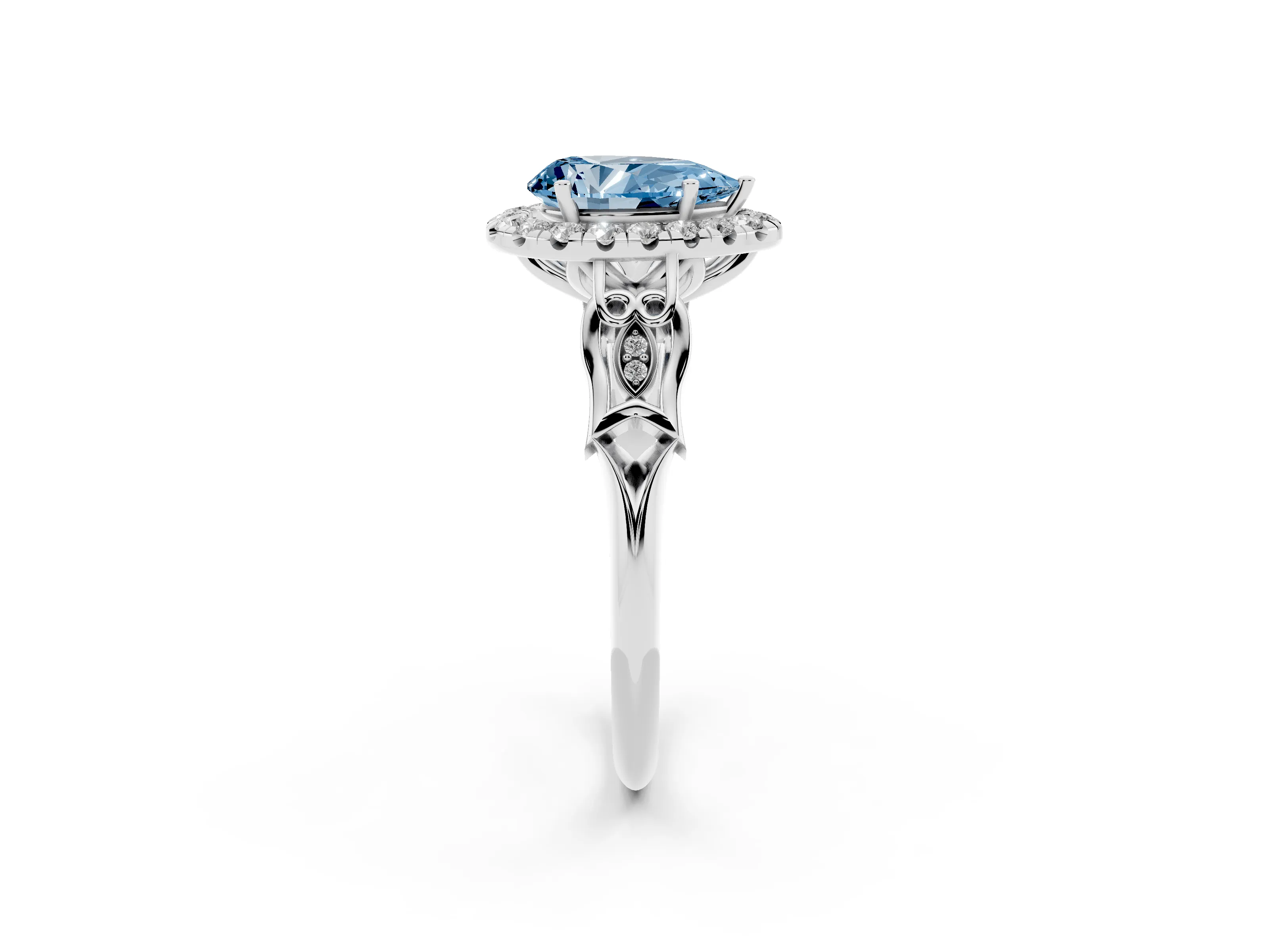 Fancy Blue Pear Cut Diamond Halo Engagement Ring Set in Platinum with Filigree Band and Prong-Set Center