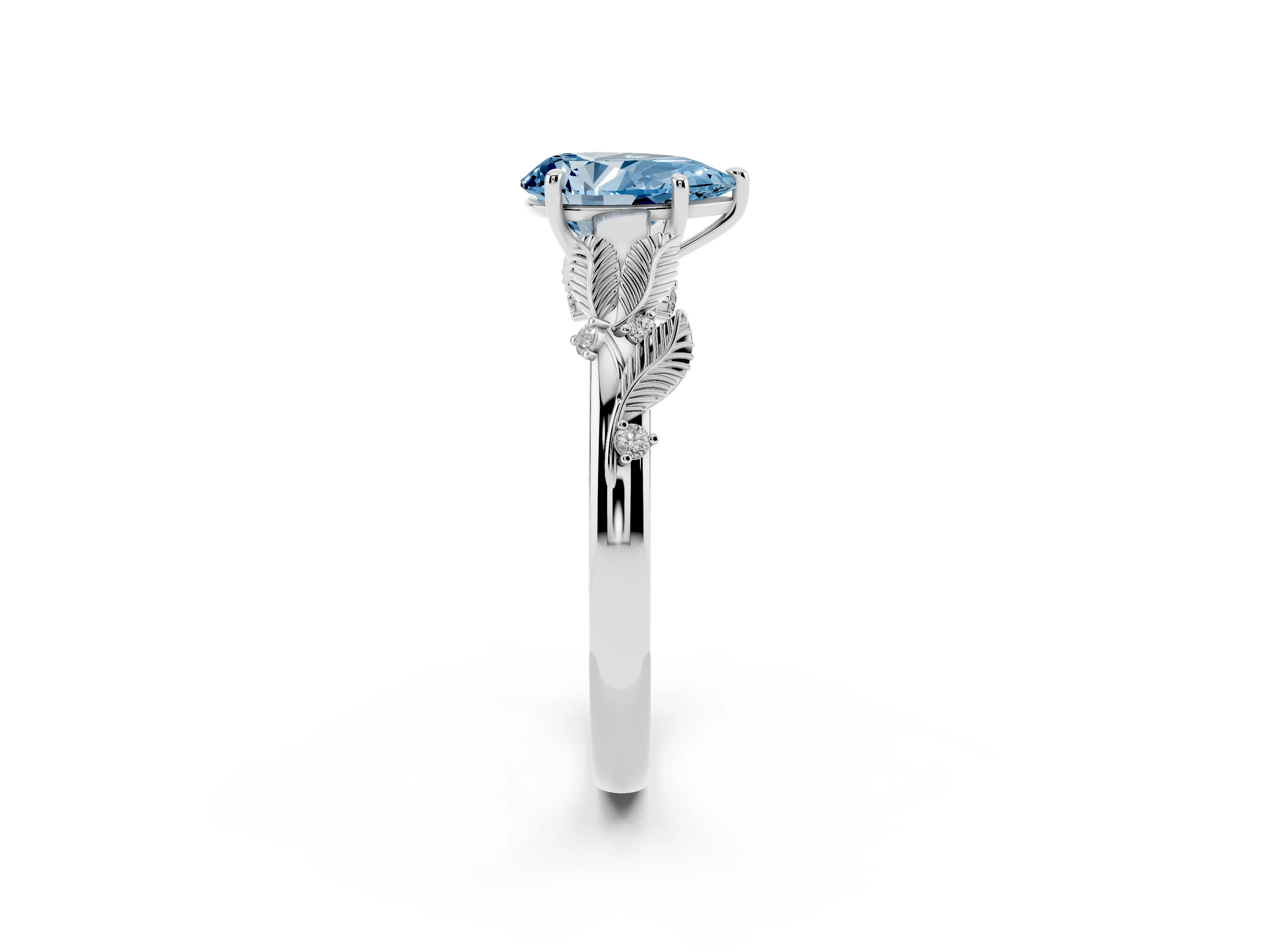 Fancy Blue Pear Cut Diamond Solitaire Ring Set in White gold with Leaf Motif Band
