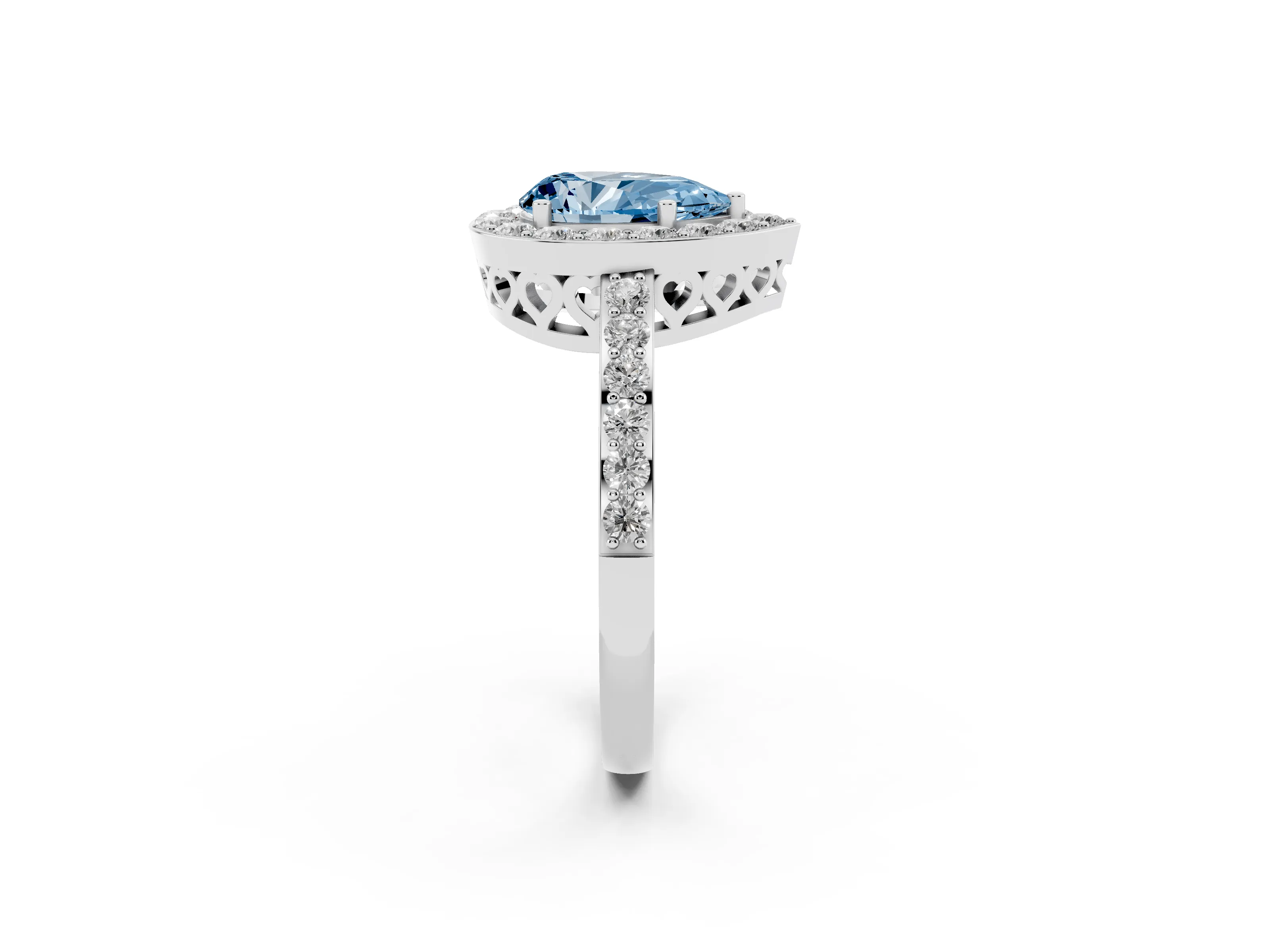 Fancy Blue Pear Cut Diamond Halo Ring Set in White gold with Pavé-Setting Band and Open Prong Center