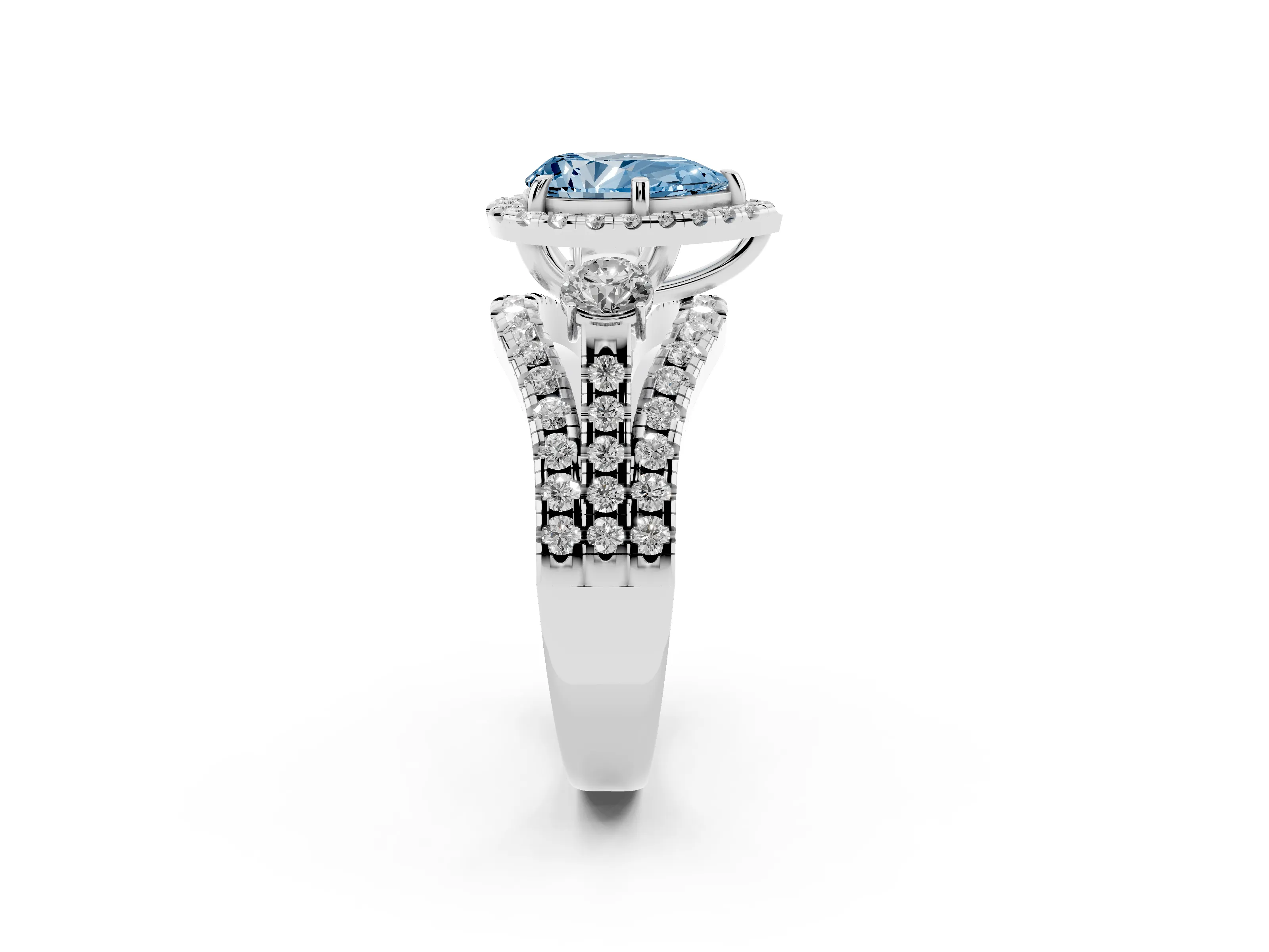 Fancy Blue Pear Cut Diamond Halo Split Shank Ring Set in Platinum with Round Accent Stones and Prong Setting
