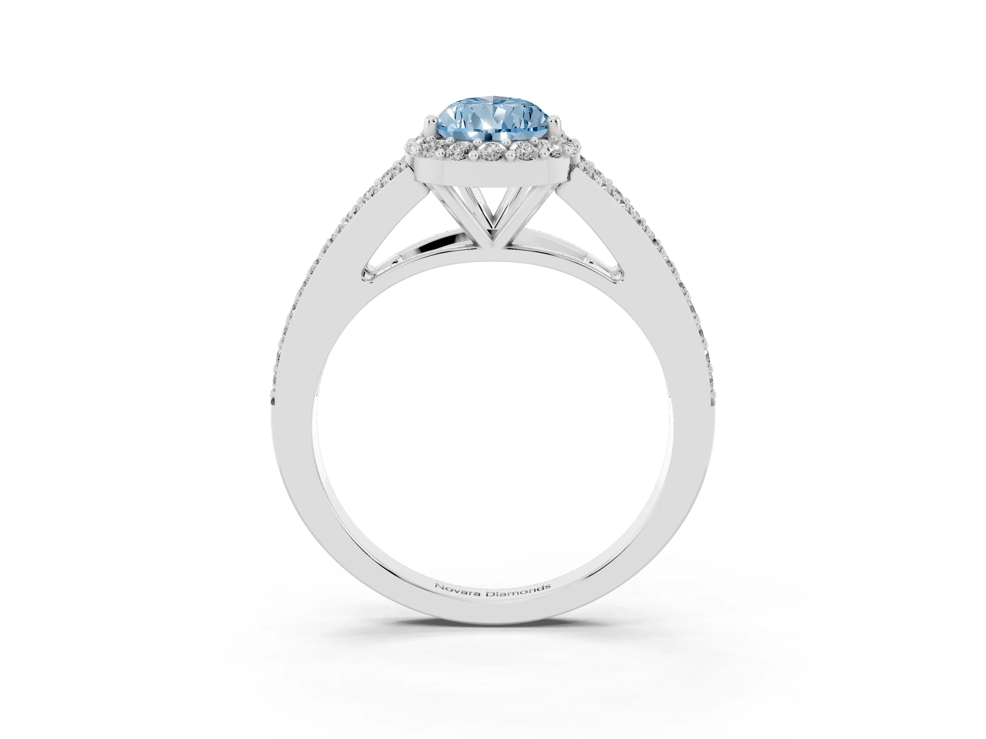 Fancy Blue Pear Cut Diamond Halo Split Shank Pavé Ring Set in Platinum with Prong Setting