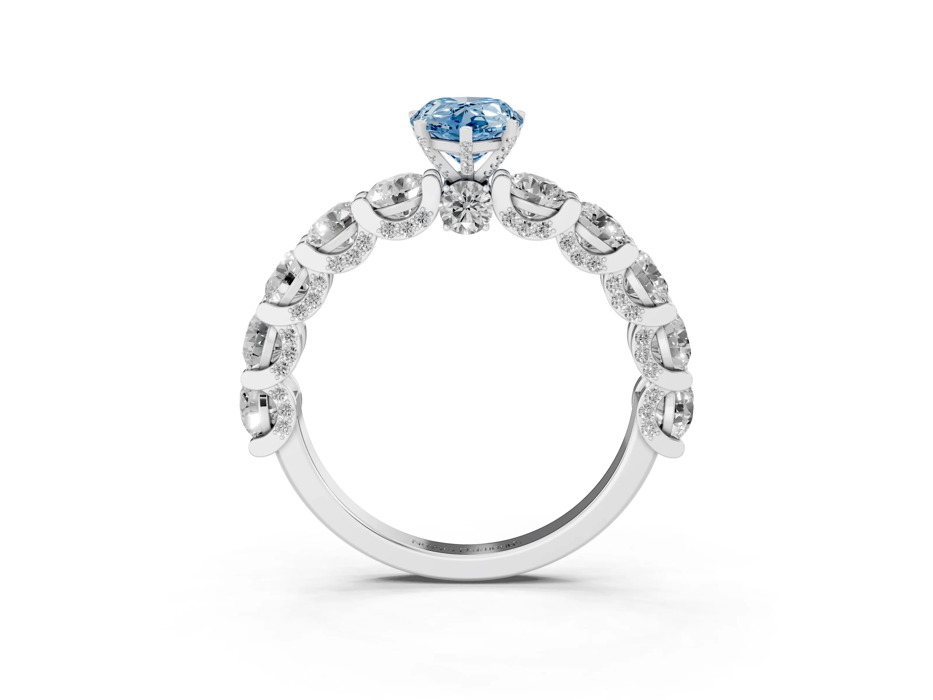 Fancy Blue Pear Cut Diamond Side Stone Ring Set in Platinum with Alternating Round and Oval Side Stones