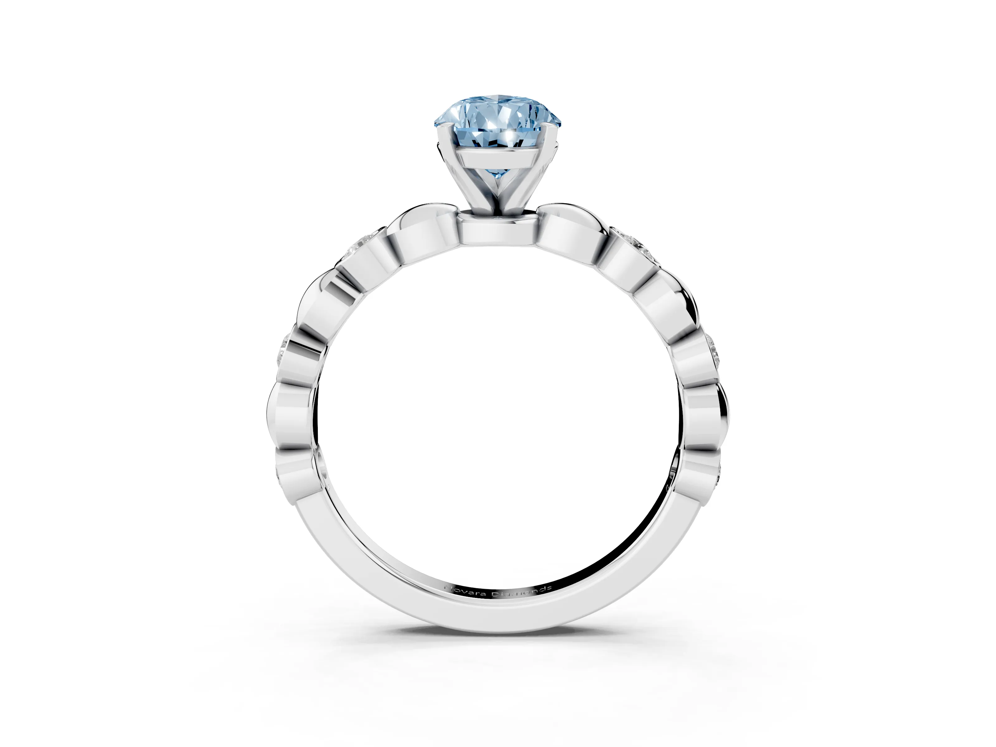 Fancy Blue Pear Cut Diamond Solitaire Ring Set in Silver with Bezel-Set Accents on Beaded Band and Prong Setting