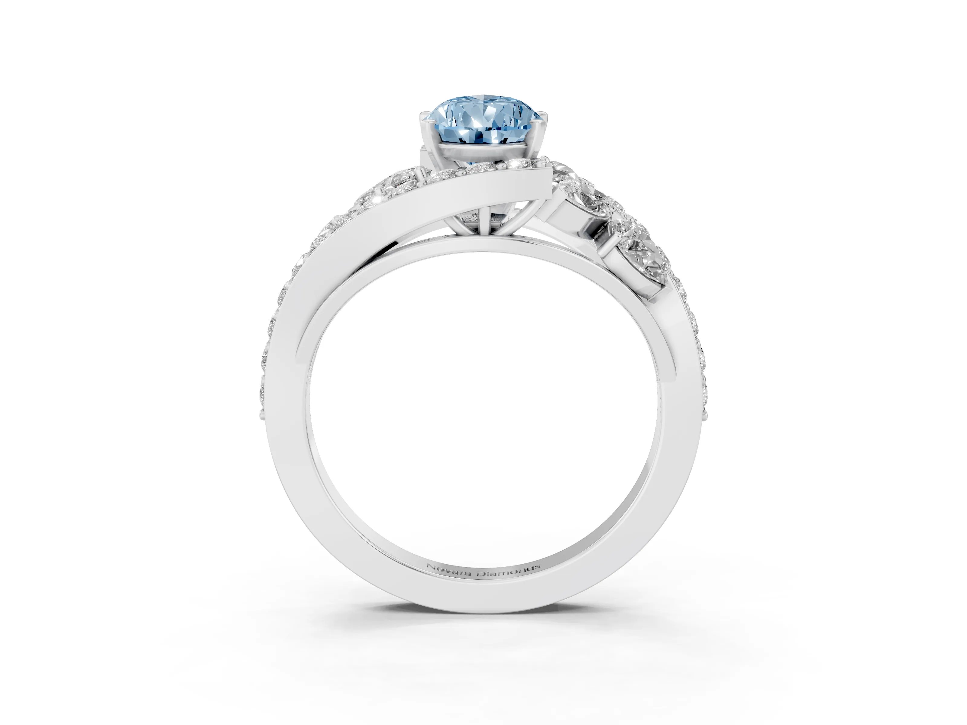 Fancy Blue Pear Cut Diamond Halo Ring Set in Platinum with Marquise and Pavé Band in Prong Setting