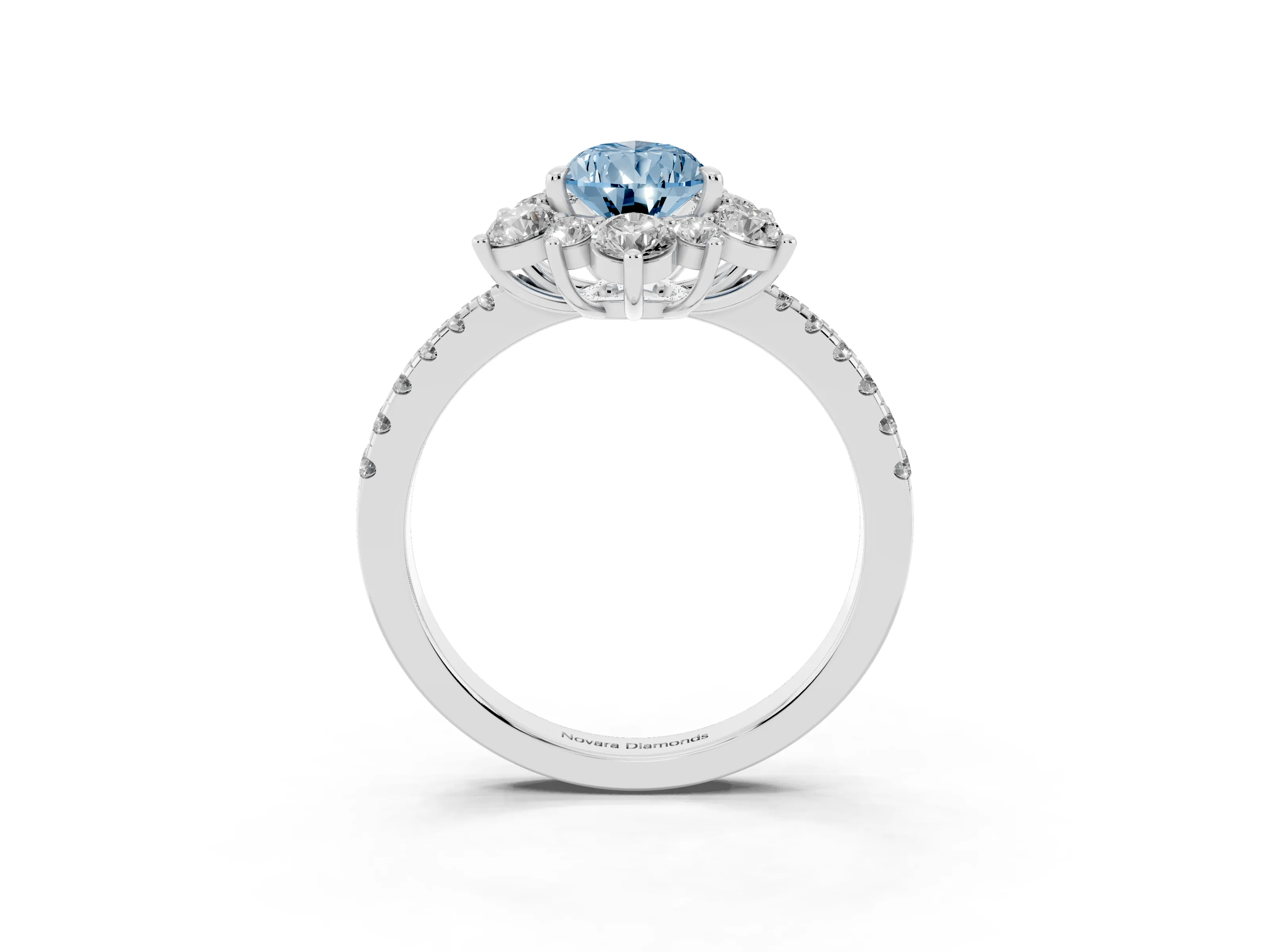 Fancy Blue Pear Cut Diamond Floral Halo Ring Set in White gold with Round Pavé Band and Prong Setting
