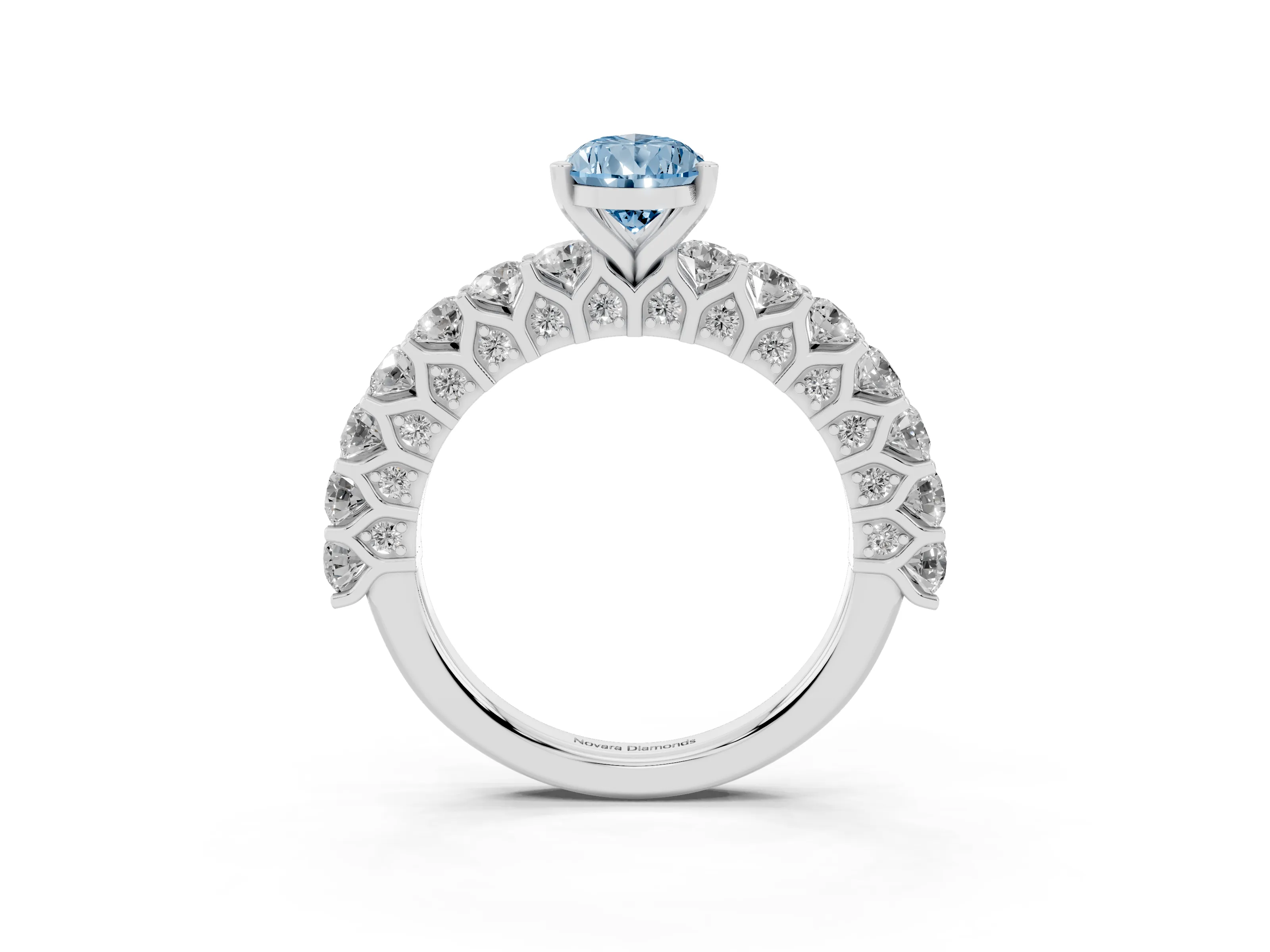 Fancy Blue Pear Cut Diamond Solitaire Ring Set in Platinum with Shared Prong Pavé Band