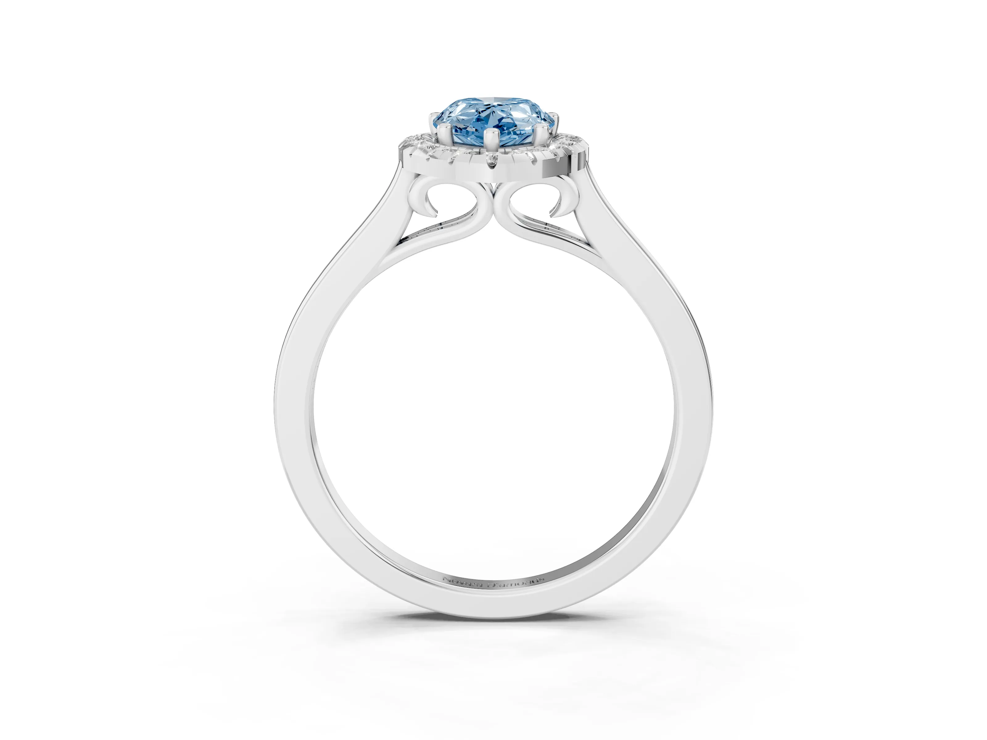 Fancy Blue Pear Cut Halo Round Diamond Solitaire Ring Set in White gold with Pavé Band and Prong Setting