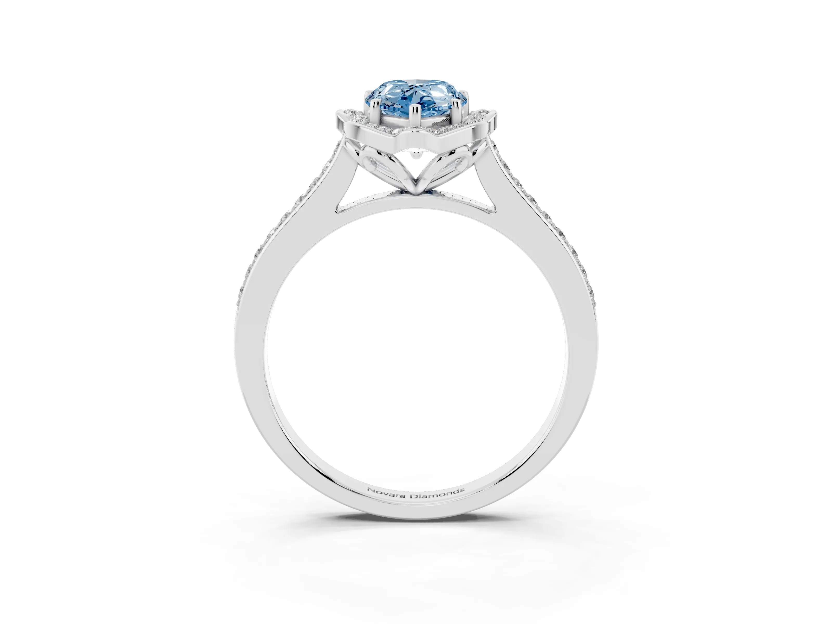 Fancy Blue Pear Cut Diamond Halo Ring Set in White gold with Pavé-Lined Shoulders and Prong Setting