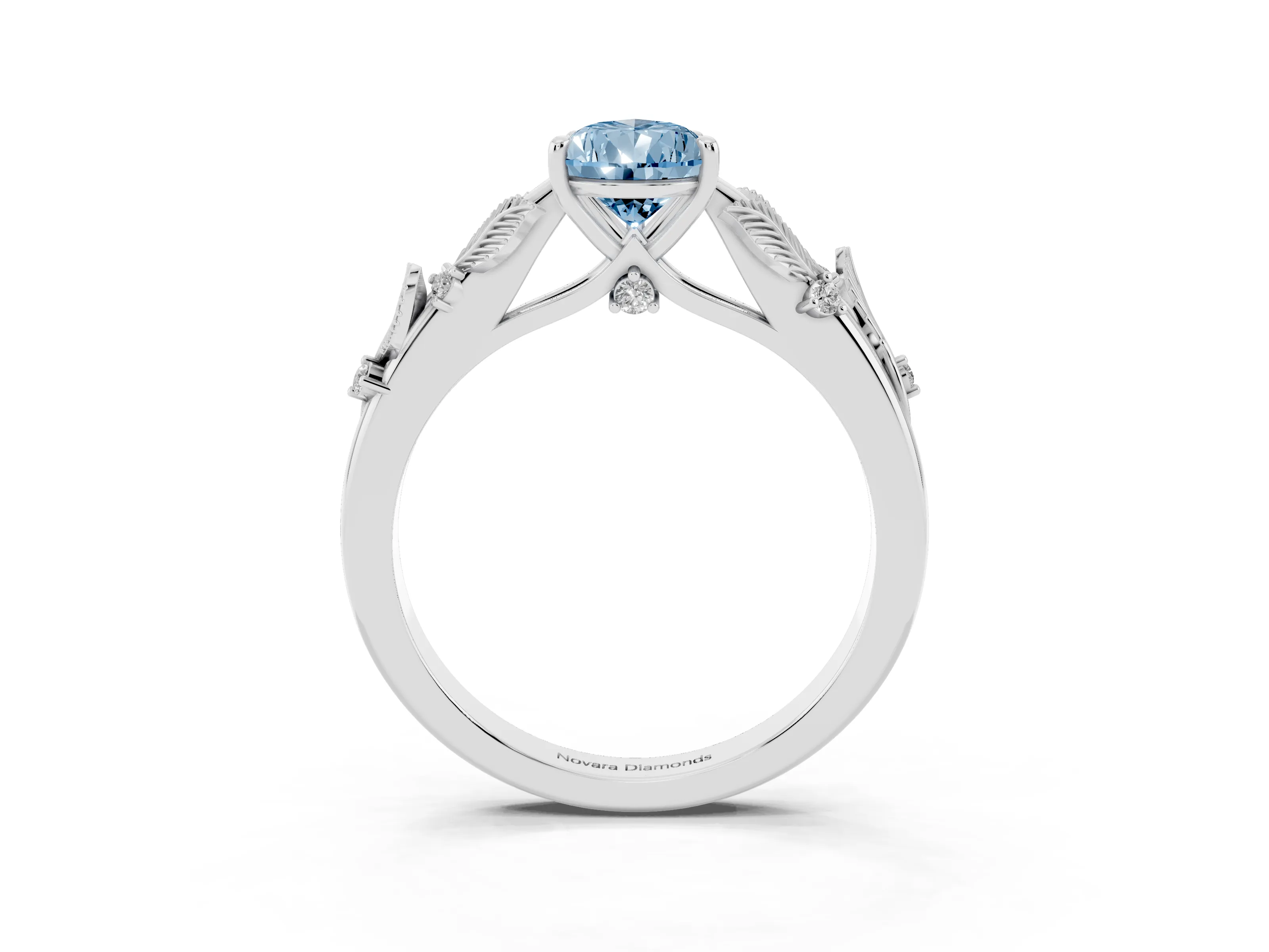 Fancy Blue Pear Cut Diamond Solitaire Ring Set in White gold with Leaf Motif Band