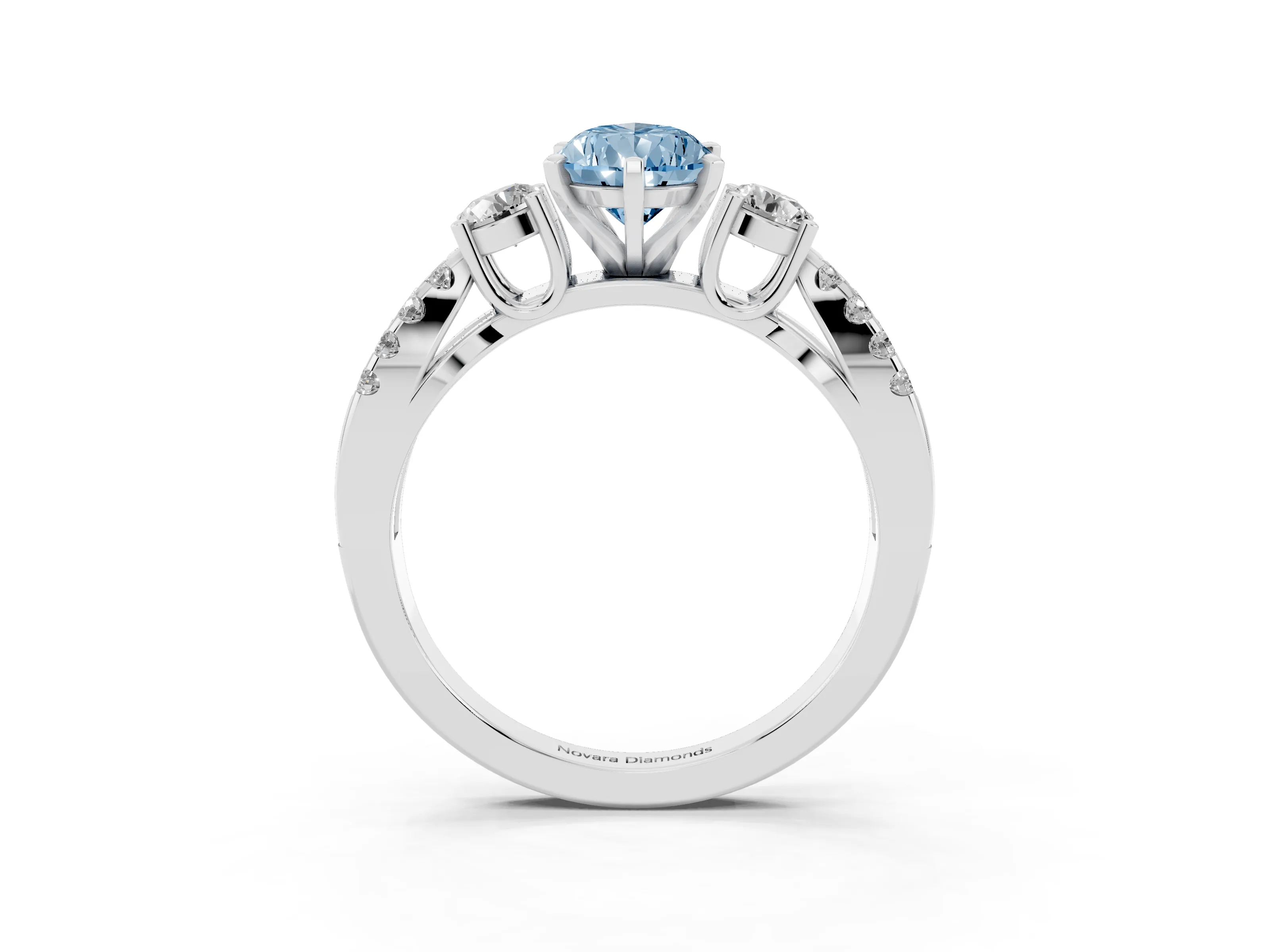Fancy Blue Pear Cut Diamond Three-Stone Ring Set in Platinum with Pavé Split Shank and Prong Setting