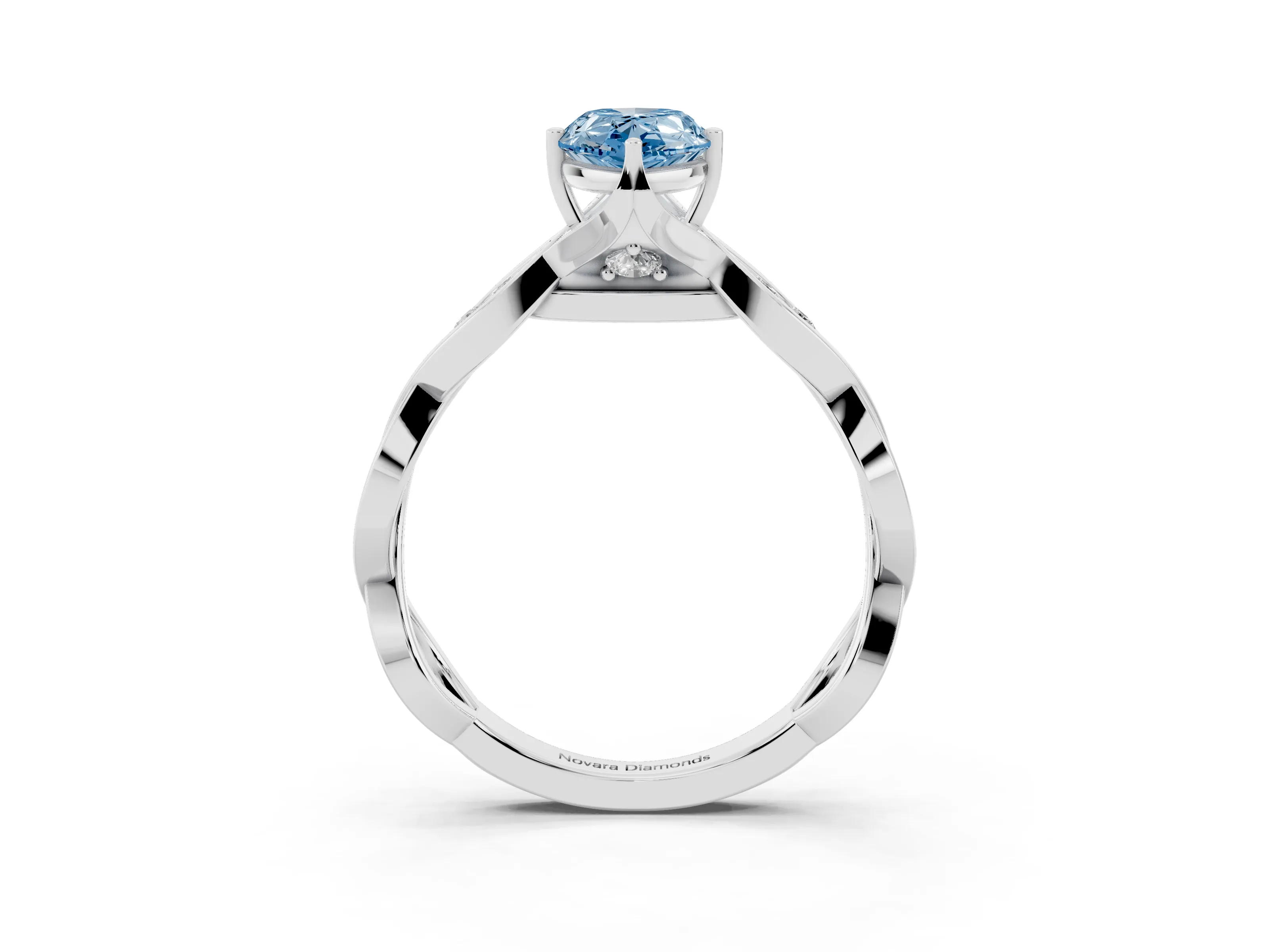 Fancy Blue Pear Cut Diamond Twist Band Solitaire Ring Set in Silver with Leaf Prong Setting and Accent Stones
