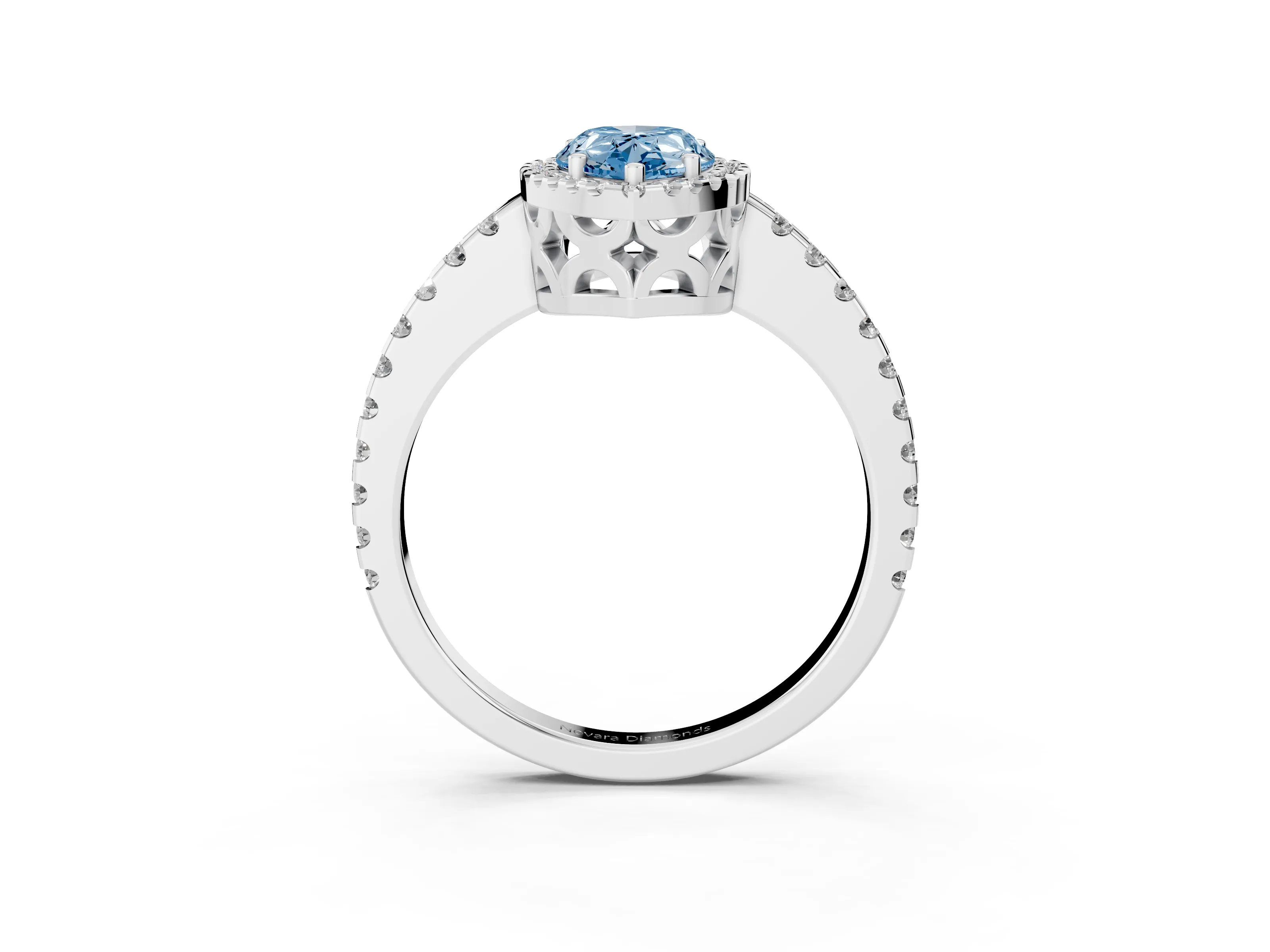 Fancy Blue Pear Cut Diamond Halo Ring Set in Silver with Pavé Shoulders and Halo-Framed Center