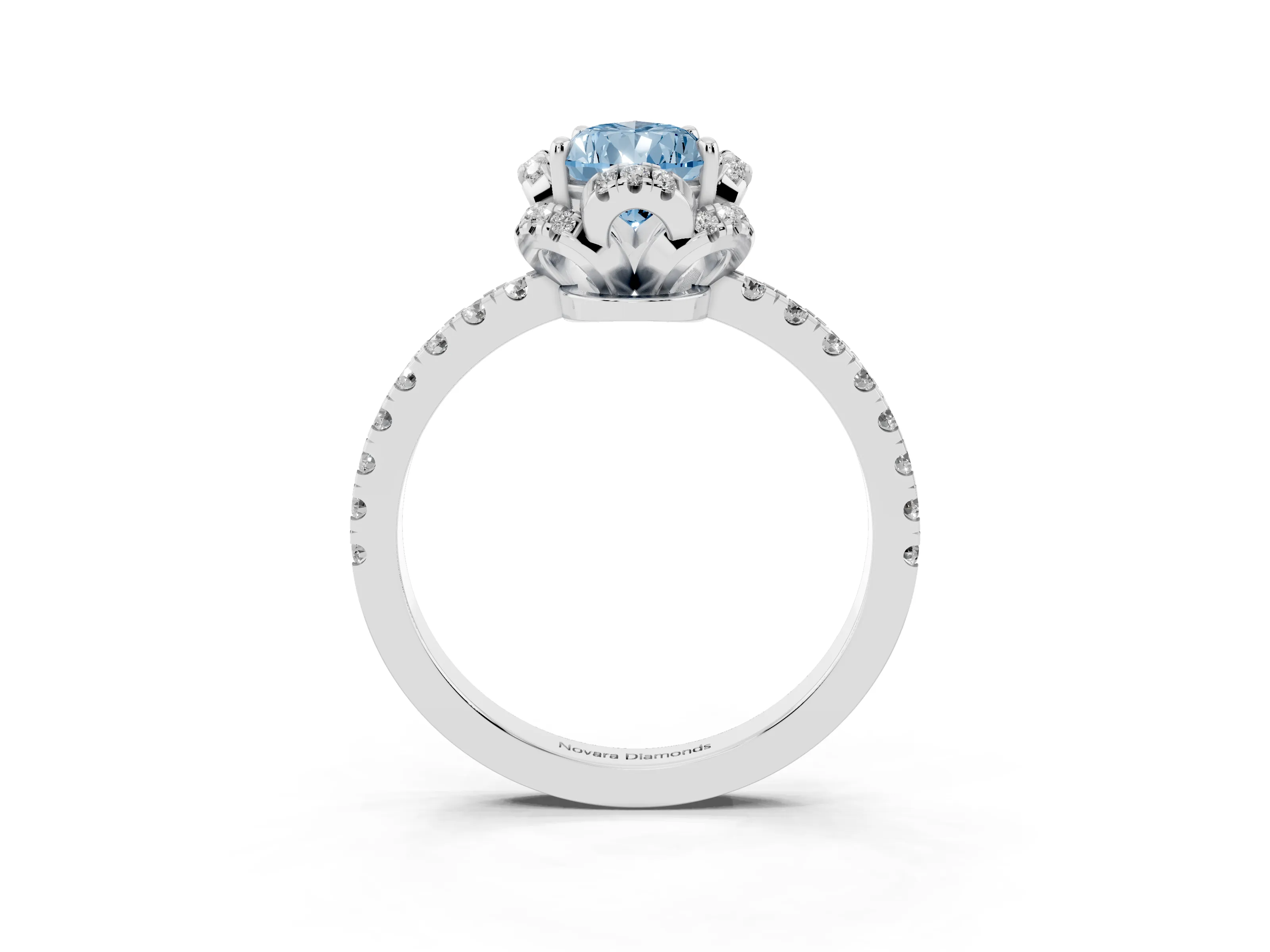 Fancy Blue Pear Cut Diamond Halo Pavé Band Ring Set in Silver with Prong-Held Center