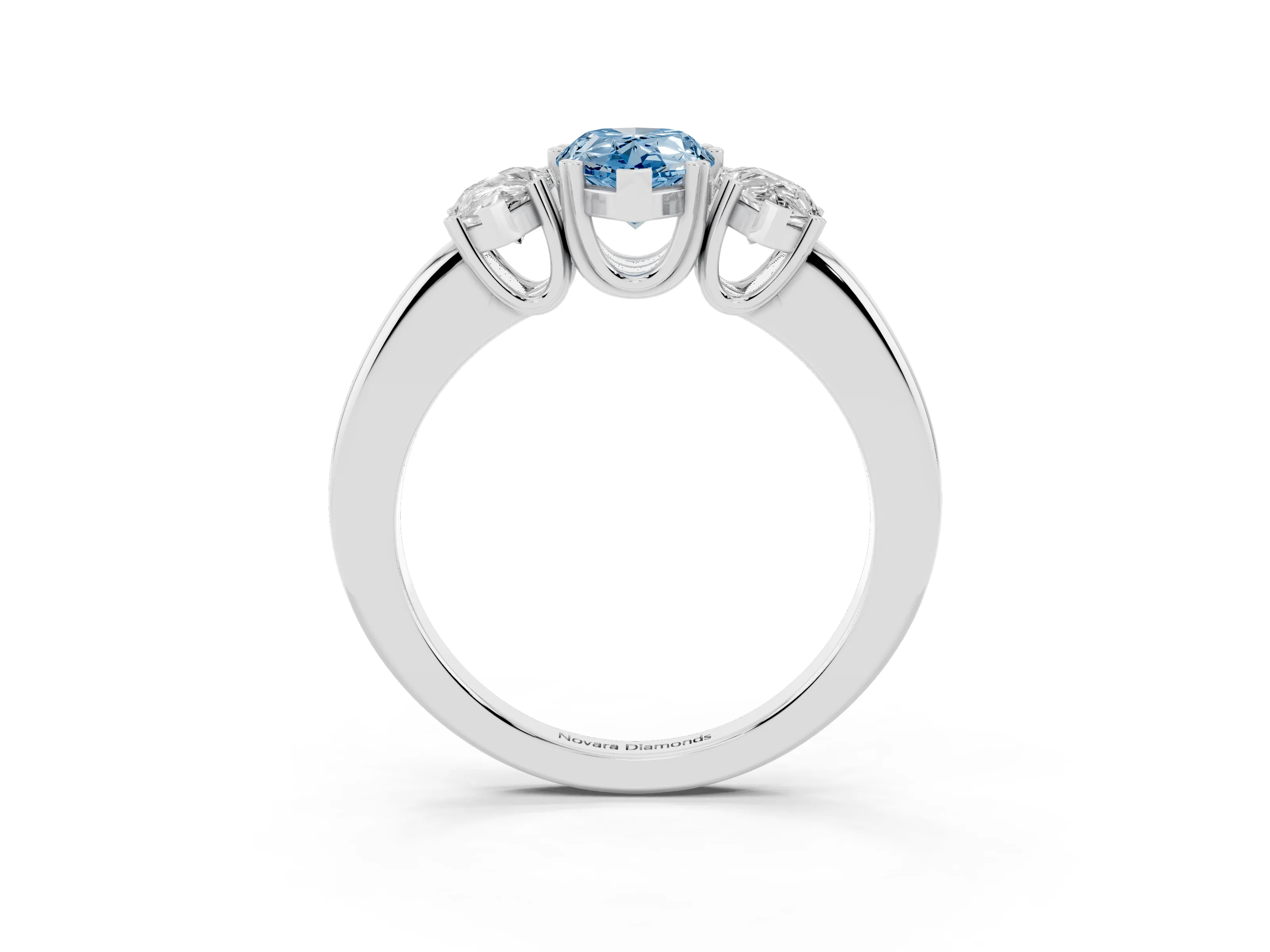 Fancy Blue Pear Cut Diamond Three-Stone Ring Set in White gold with Polished Channel-Set Band