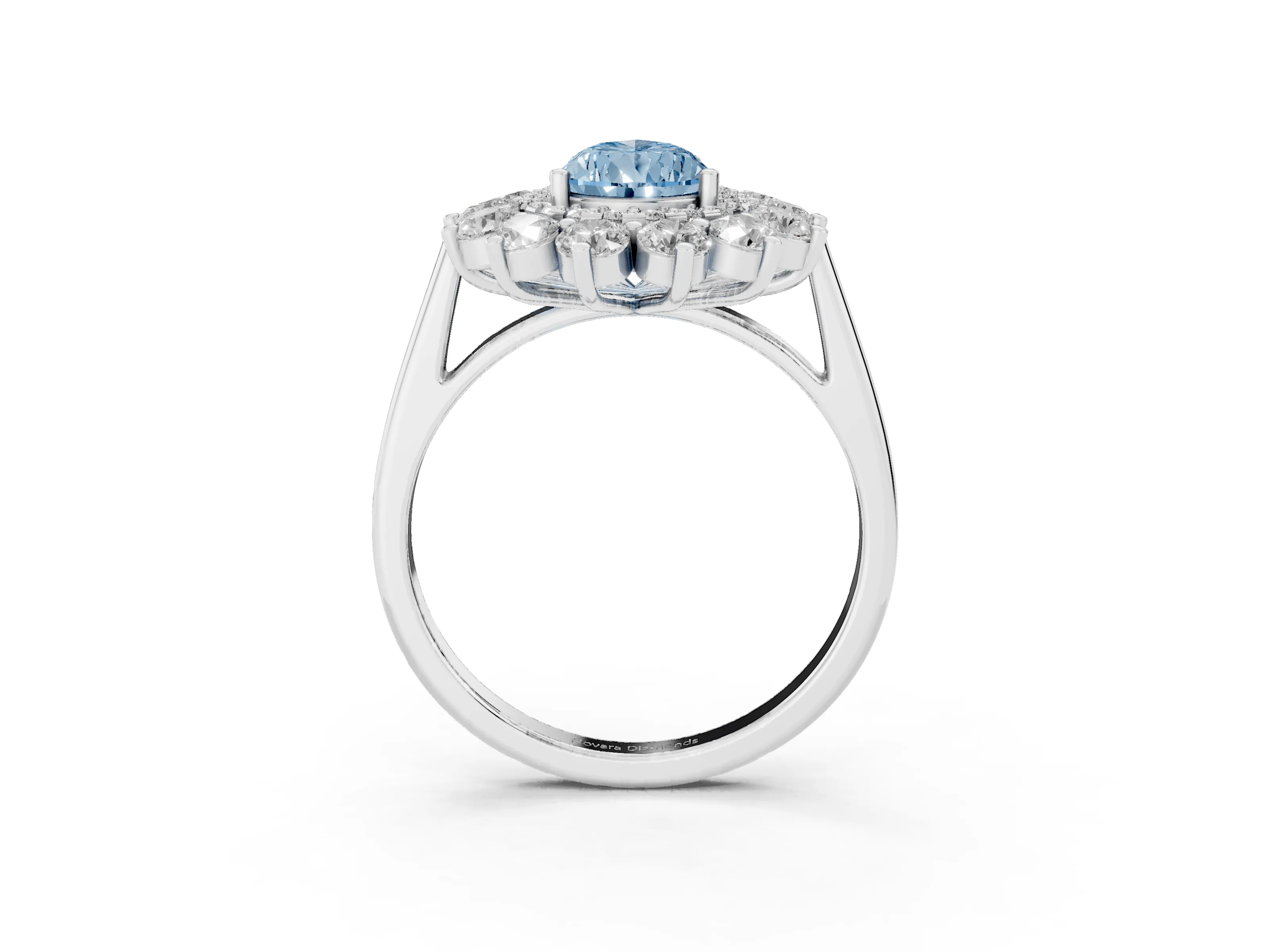 Fancy Blue Pear Cut Diamond Floral Double Halo Ring Set in White gold with Round Petals