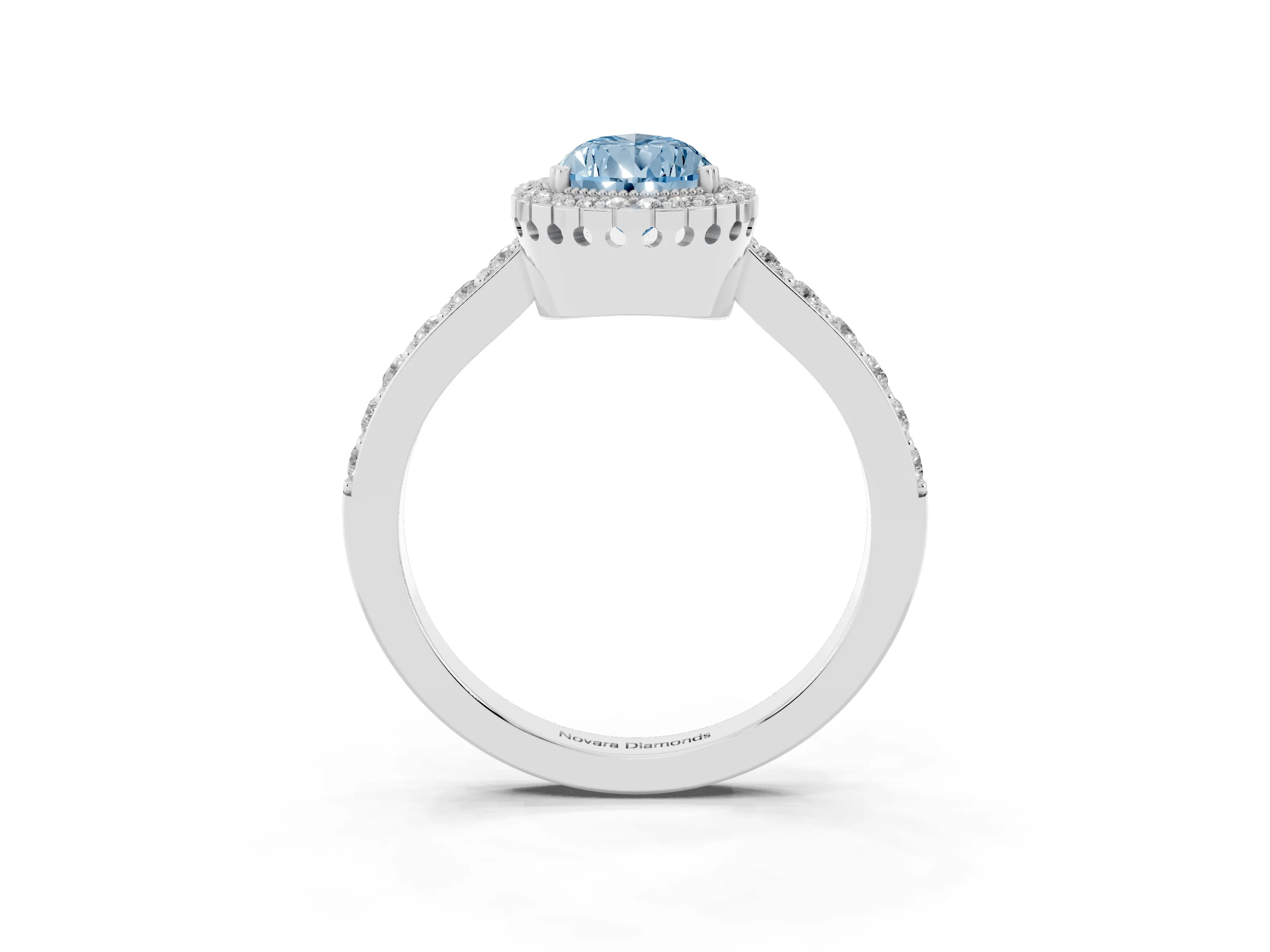 Fancy Blue Pear Cut Diamond Halo Engagement Ring Set in White gold with Milgrain Detail and Pavé Band