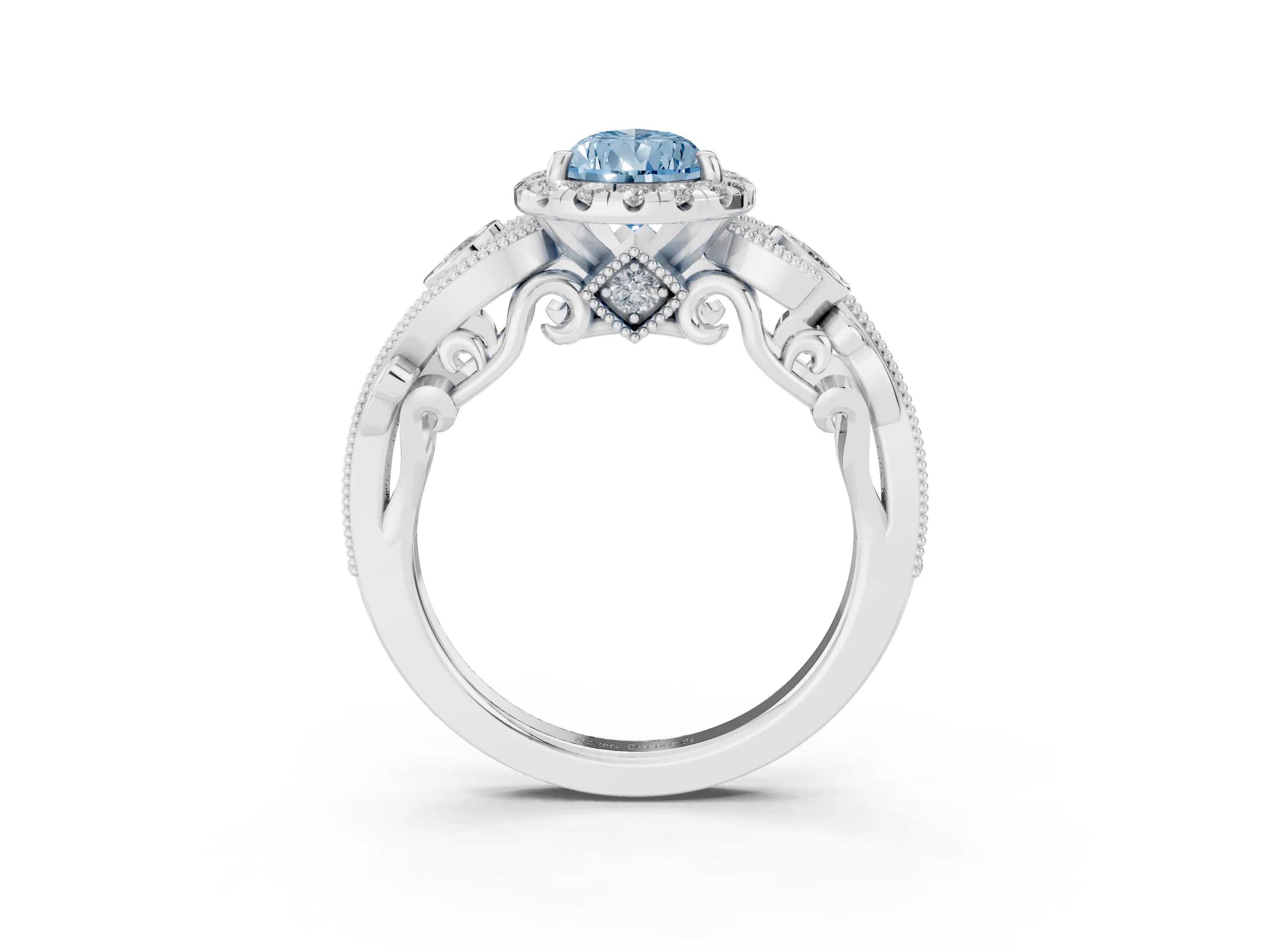 Fancy Blue Pear Cut Diamond Halo Ring Set in Silver with Milgrain Pavé Band and Prong Setting