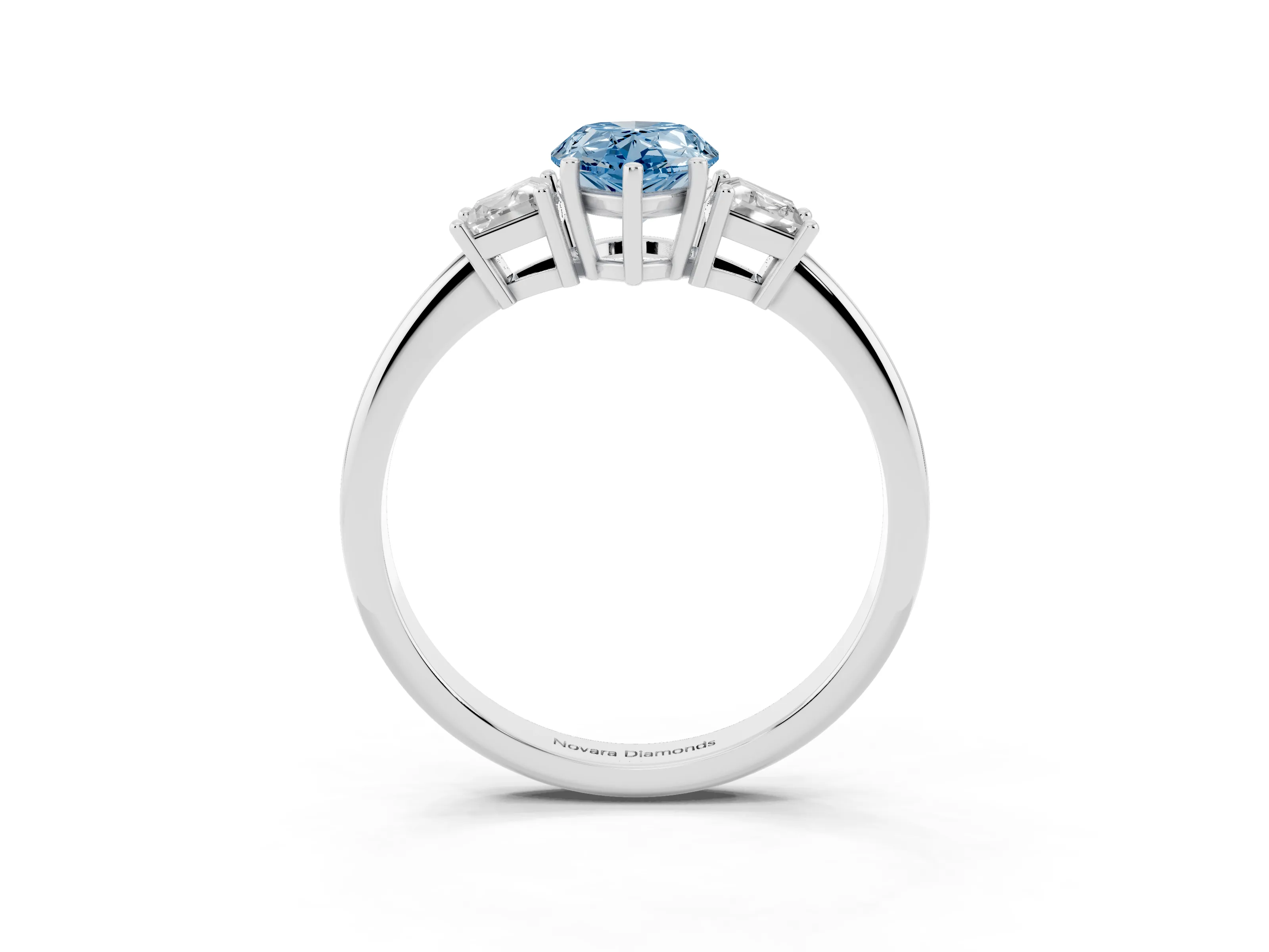 Fancy Blue Pear Cut Diamond Three-Stone Ring Set in Silver with Trapezoid Side Stones and Prong Setting