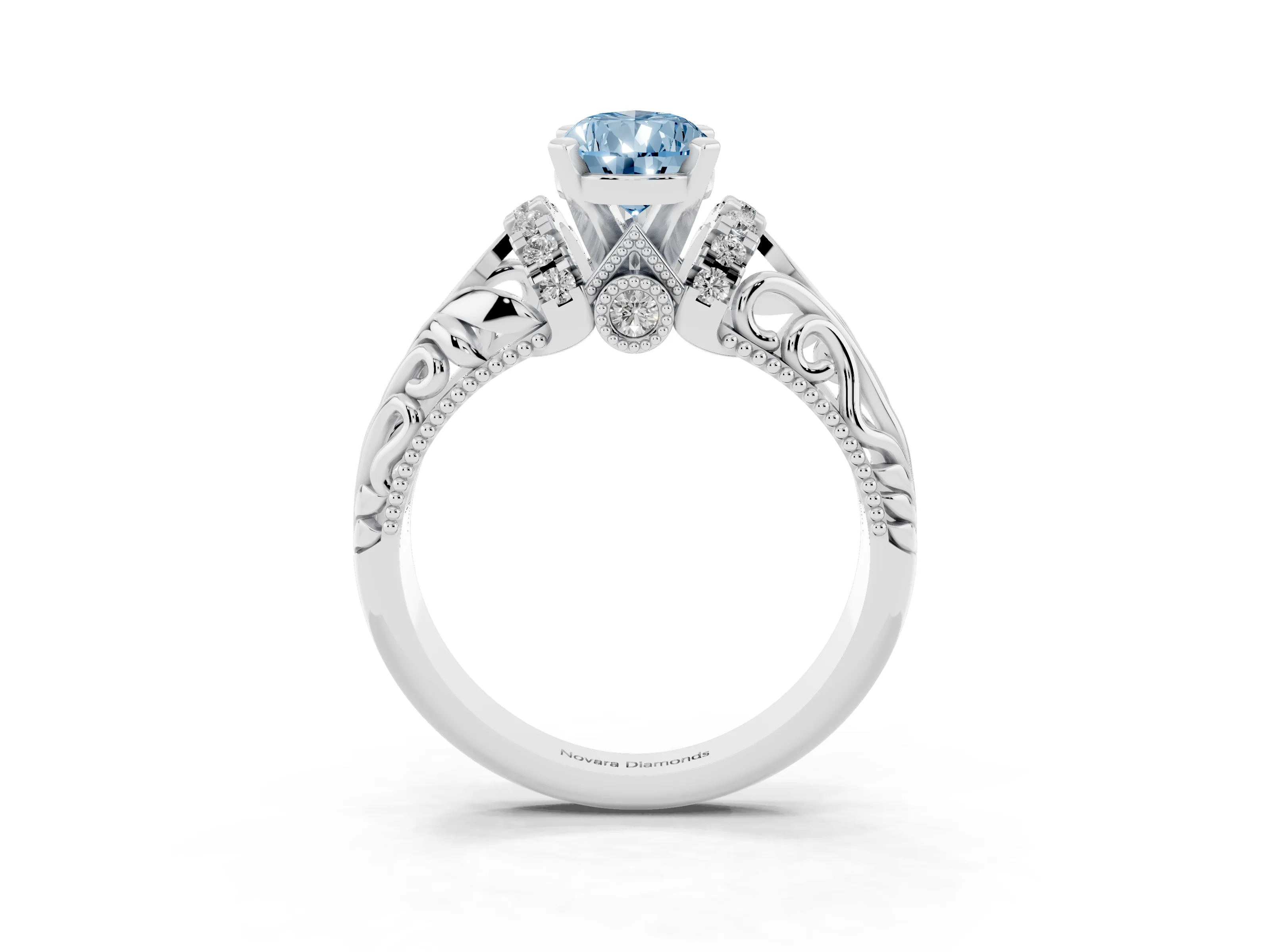 Fancy Blue Pear Cut Diamond Filigree Halo Engagement Ring Set in Silver with Prong Setting