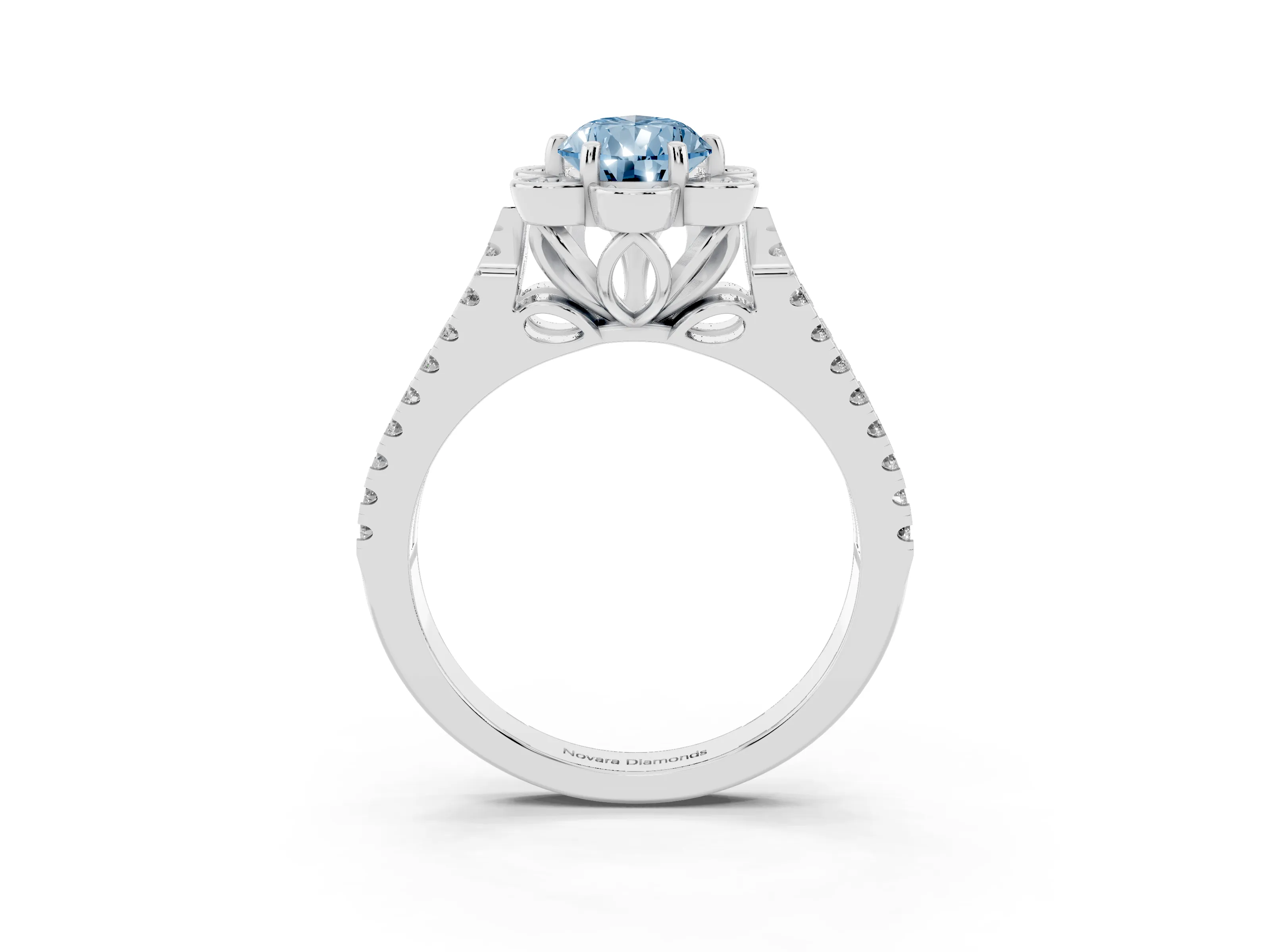 Fancy Blue Pear Cut Diamond Floral Halo Split Shank Engagement Ring Set in Platinum with Pavé Shank