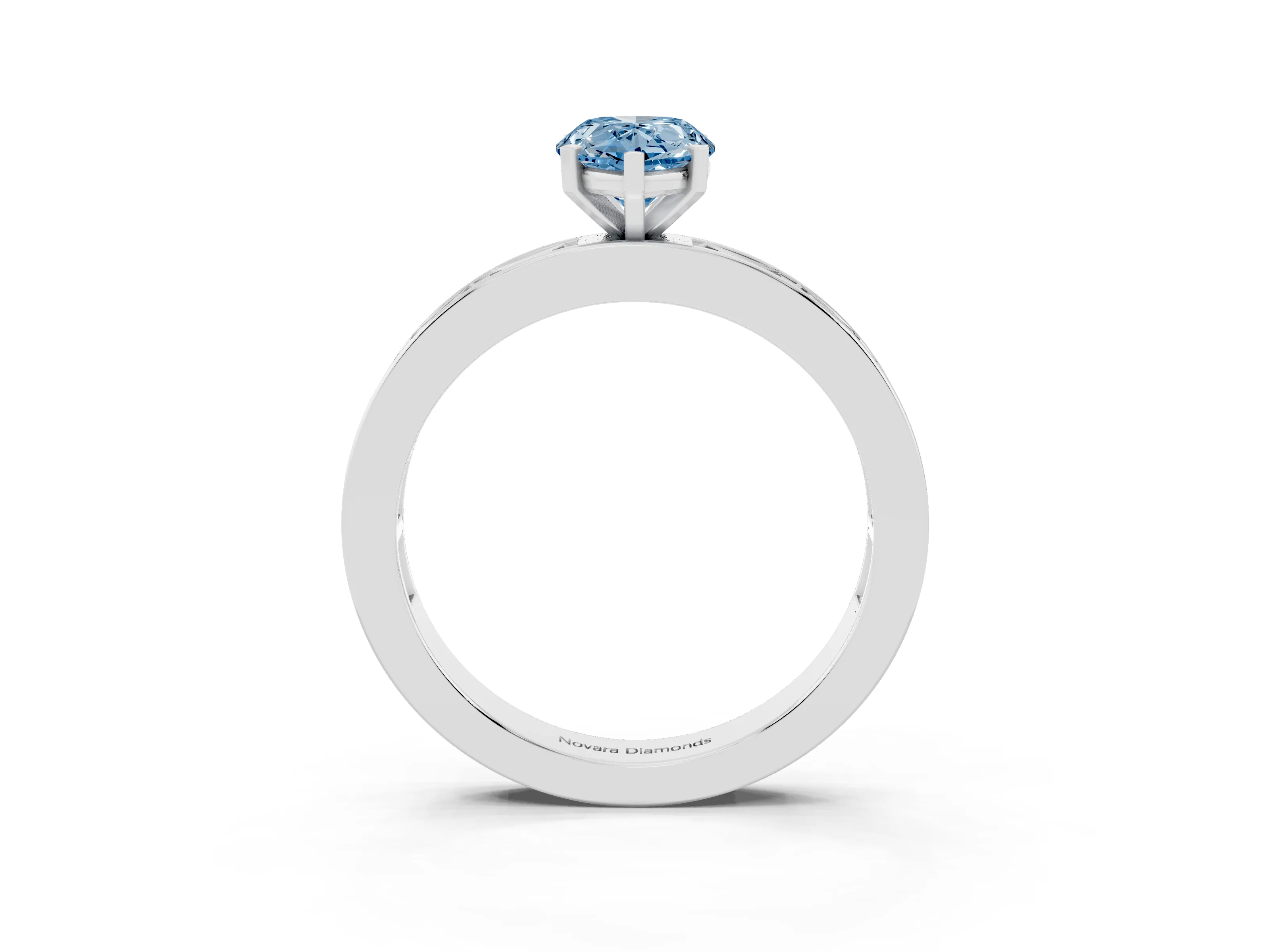 Fancy Blue Pear Cut Diamond Solitaire Ring Set in Platinum with Channel-Set Baguette Band and Prong Setting