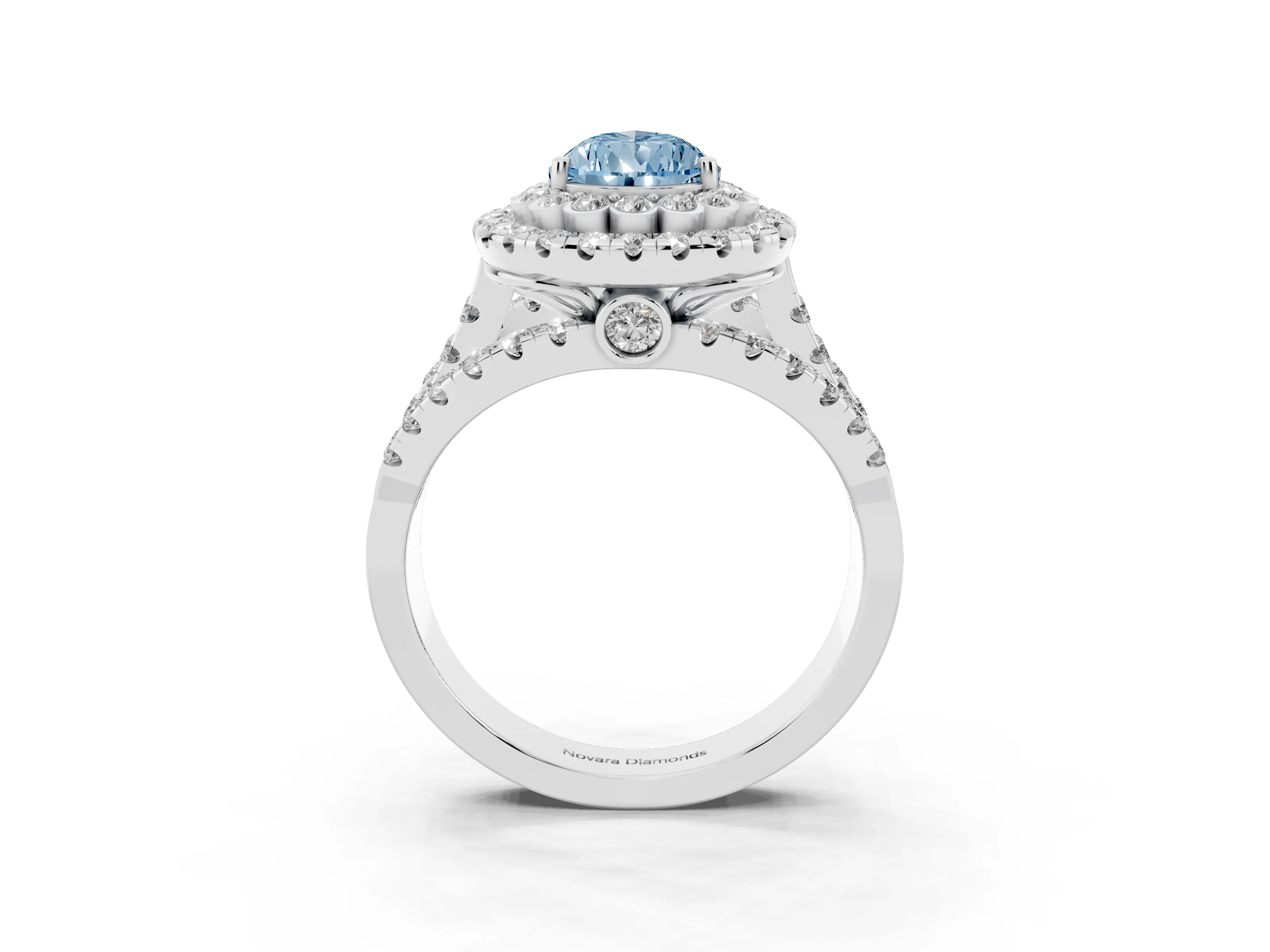 Fancy Blue Pear Cut Diamond Double Halo Ring Set in Platinum with Round Pavé Split Shank