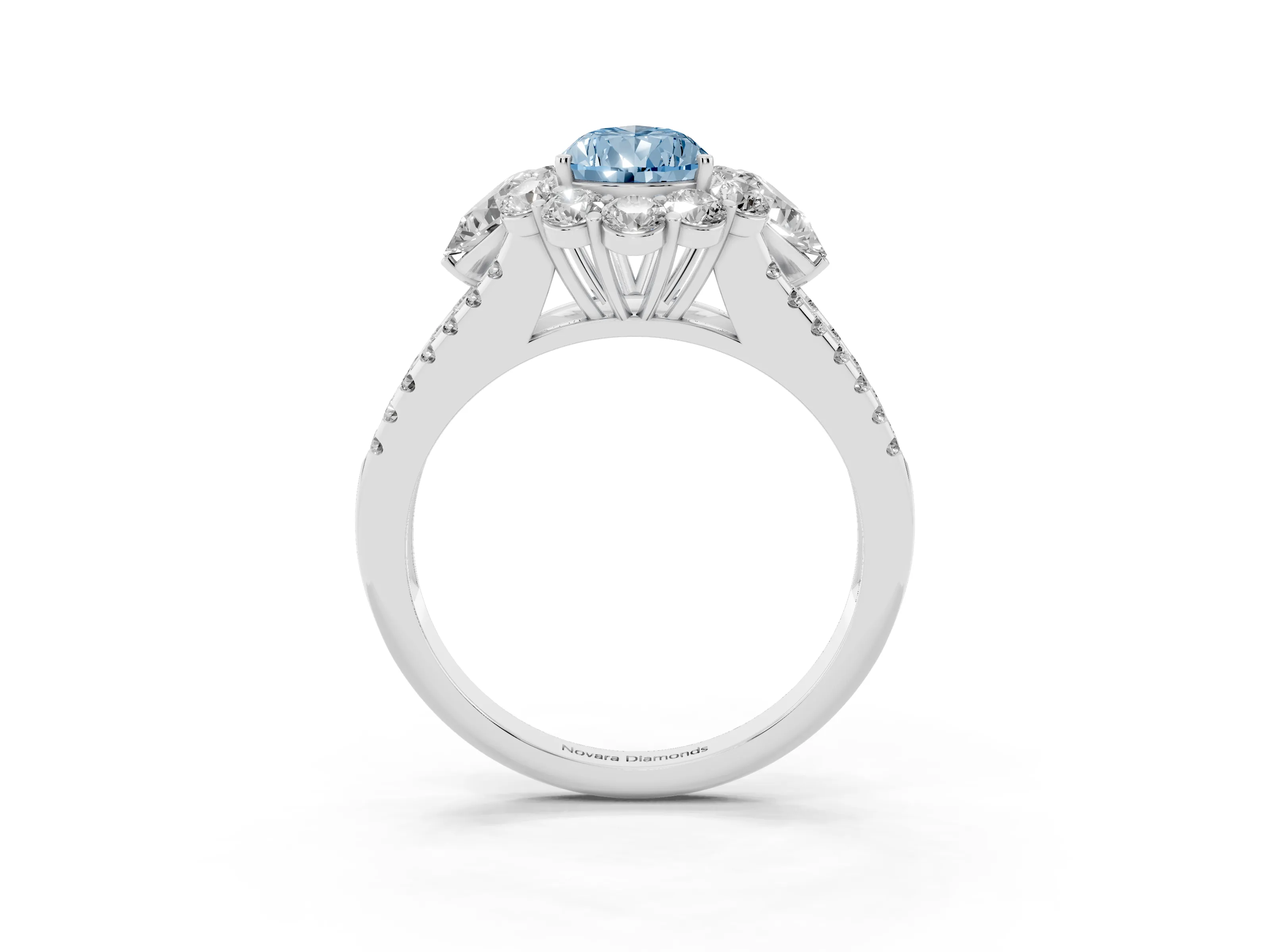 Fancy Blue Pear Cut Diamond Halo Split Shank Engagement Ring Set in Silver with Prong-Held Center Stone