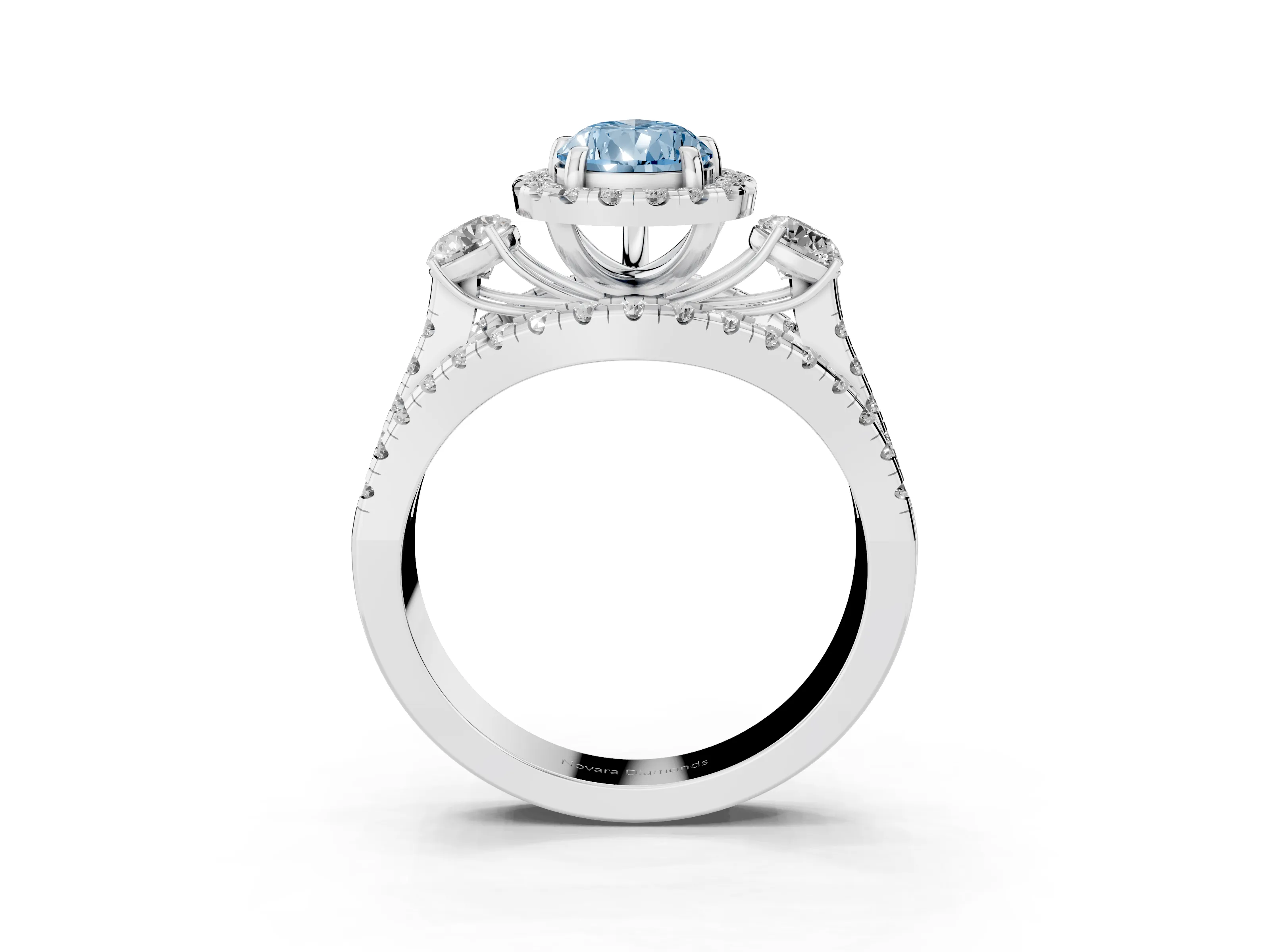 Fancy Blue Pear Cut Diamond Halo Split Shank Ring Set in Platinum with Round Accent Stones and Prong Setting
