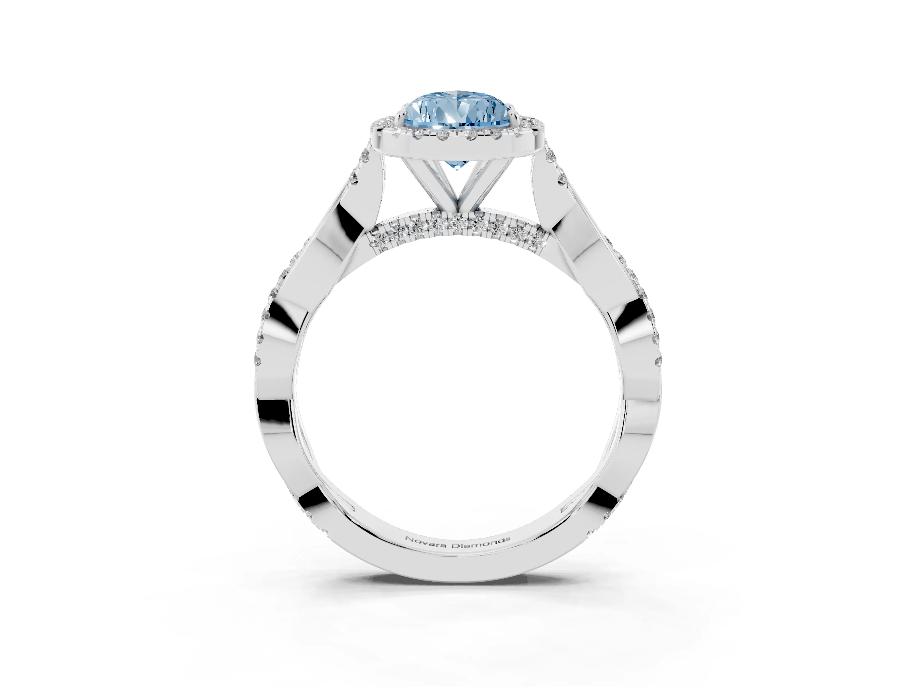 Fancy Blue Pear Cut Diamond Halo Twist Band Solitaire Ring Set in White gold with Prong Setting