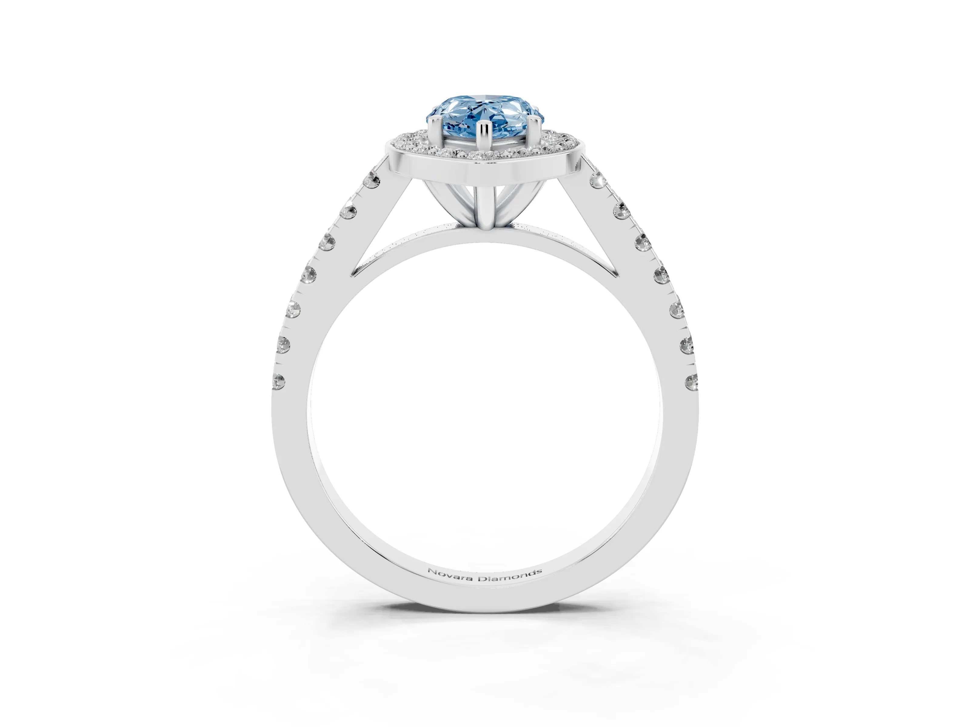Fancy Blue Pear Cut Diamond Halo Ring Set in White gold with Round Pavé Split Shank and Prong Setting