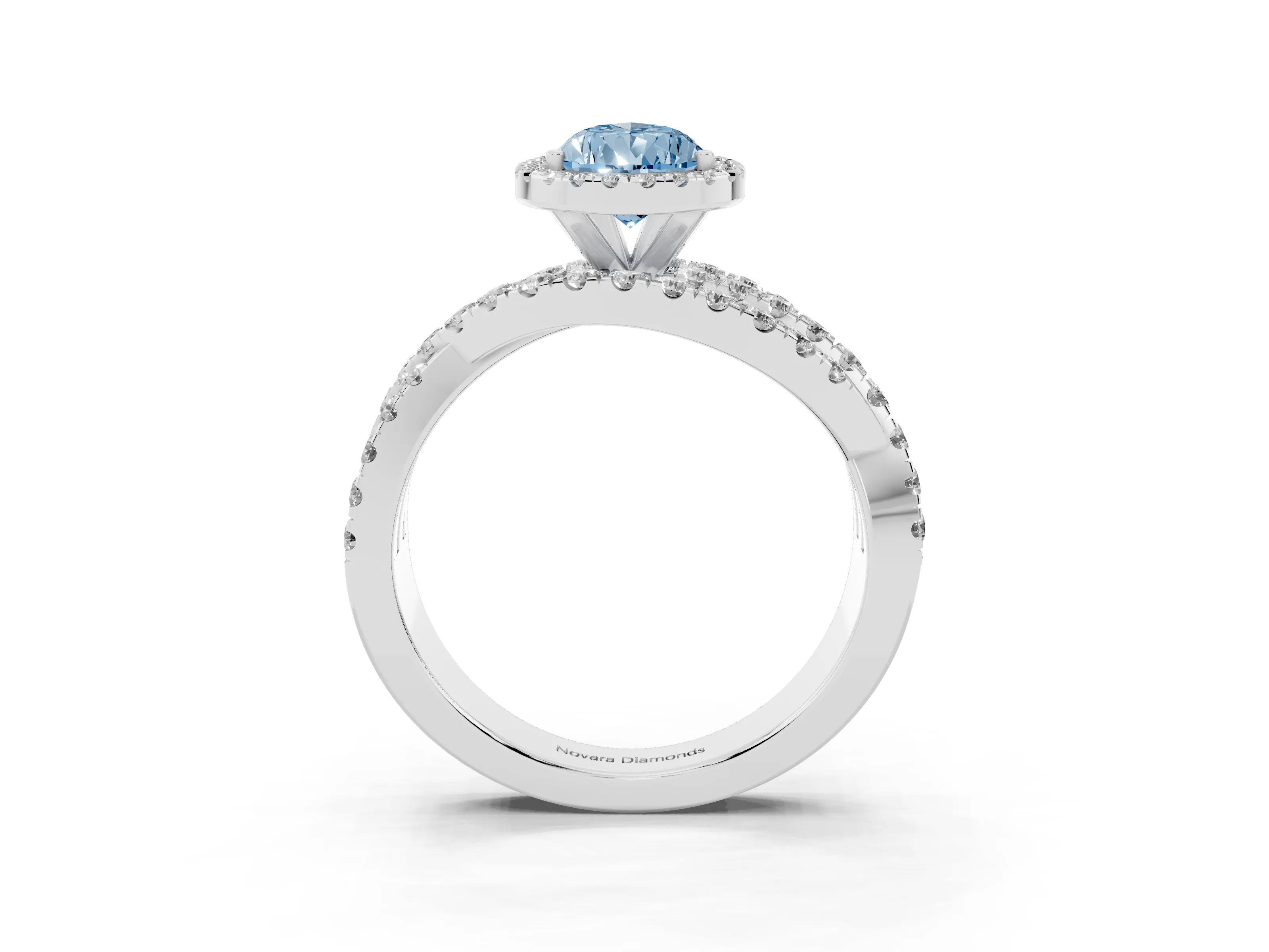 Fancy Blue Pear Cut Diamond Halo Ring Set in Silver with Round Crossover Split Shank and Prong Setting