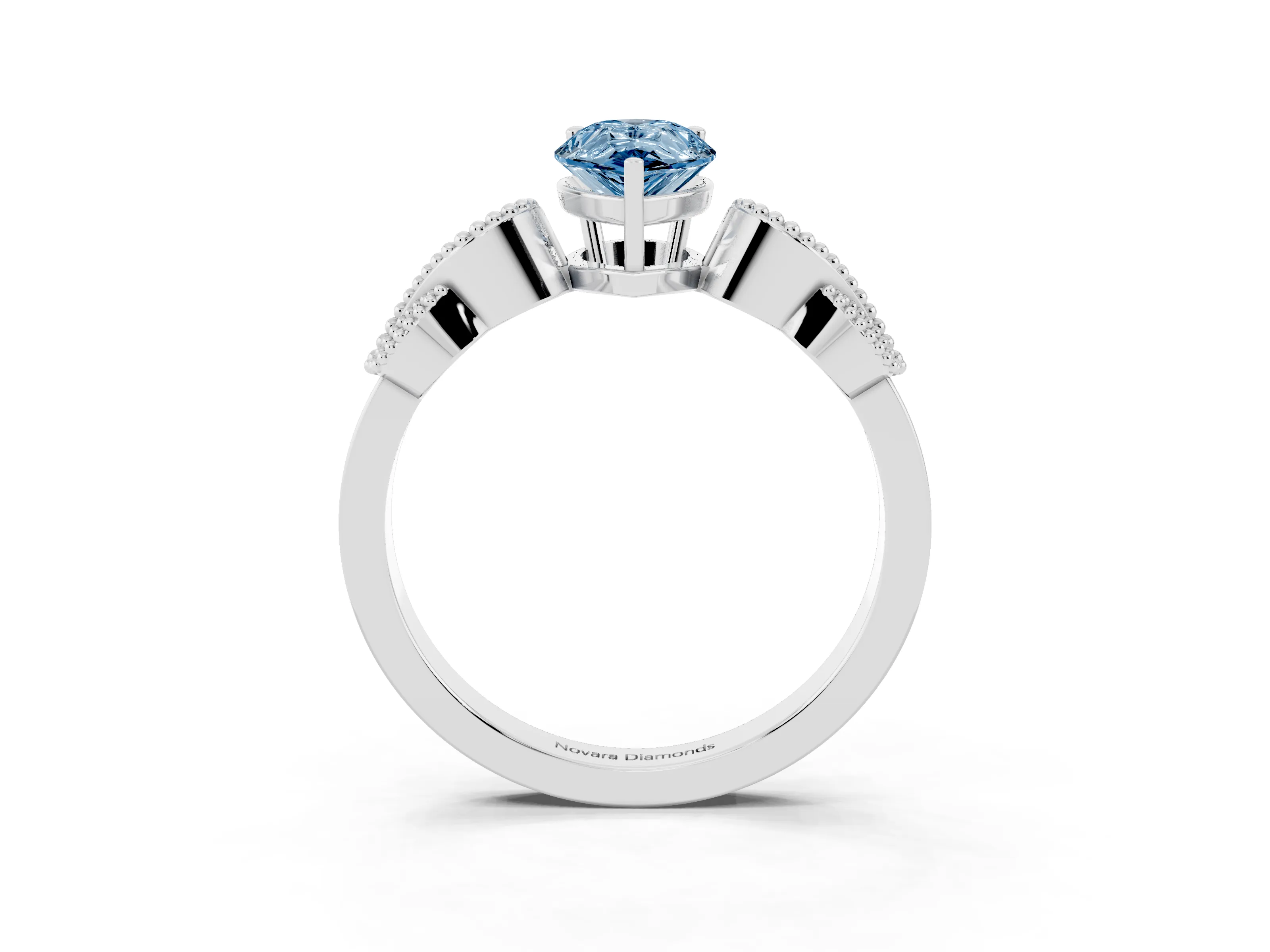 Fancy Blue Pear Cut Diamond Milgrain Leaf Band Solitaire Ring Set in White gold with Accent Stones and Prong Setting