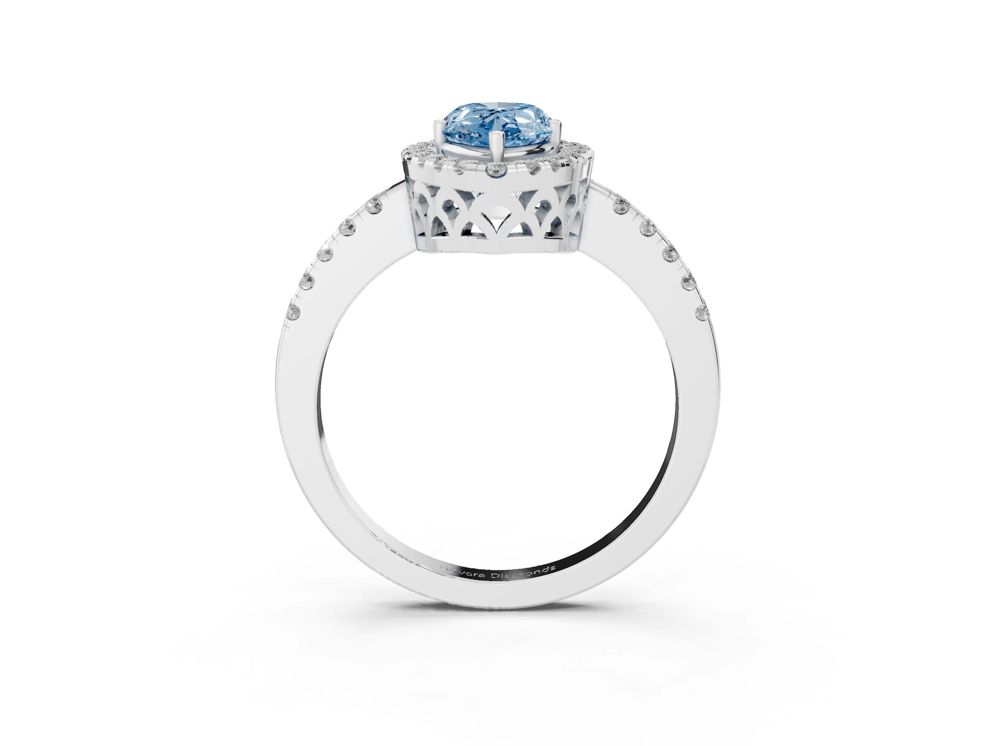 Fancy Blue Pear Cut Diamond Pavé Band Halo Engagement Ring Set in White gold with Prong Setting