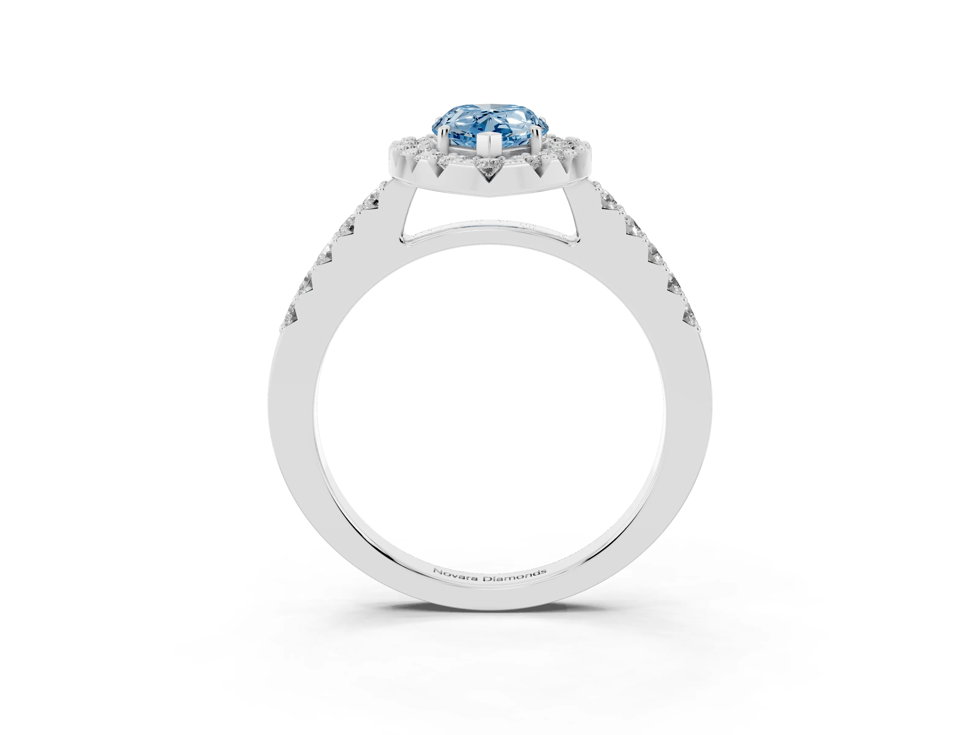 Fancy Blue Pear Cut Diamond Halo Pavé Solitaire Ring Set in Silver with Prong-Set Center Stone